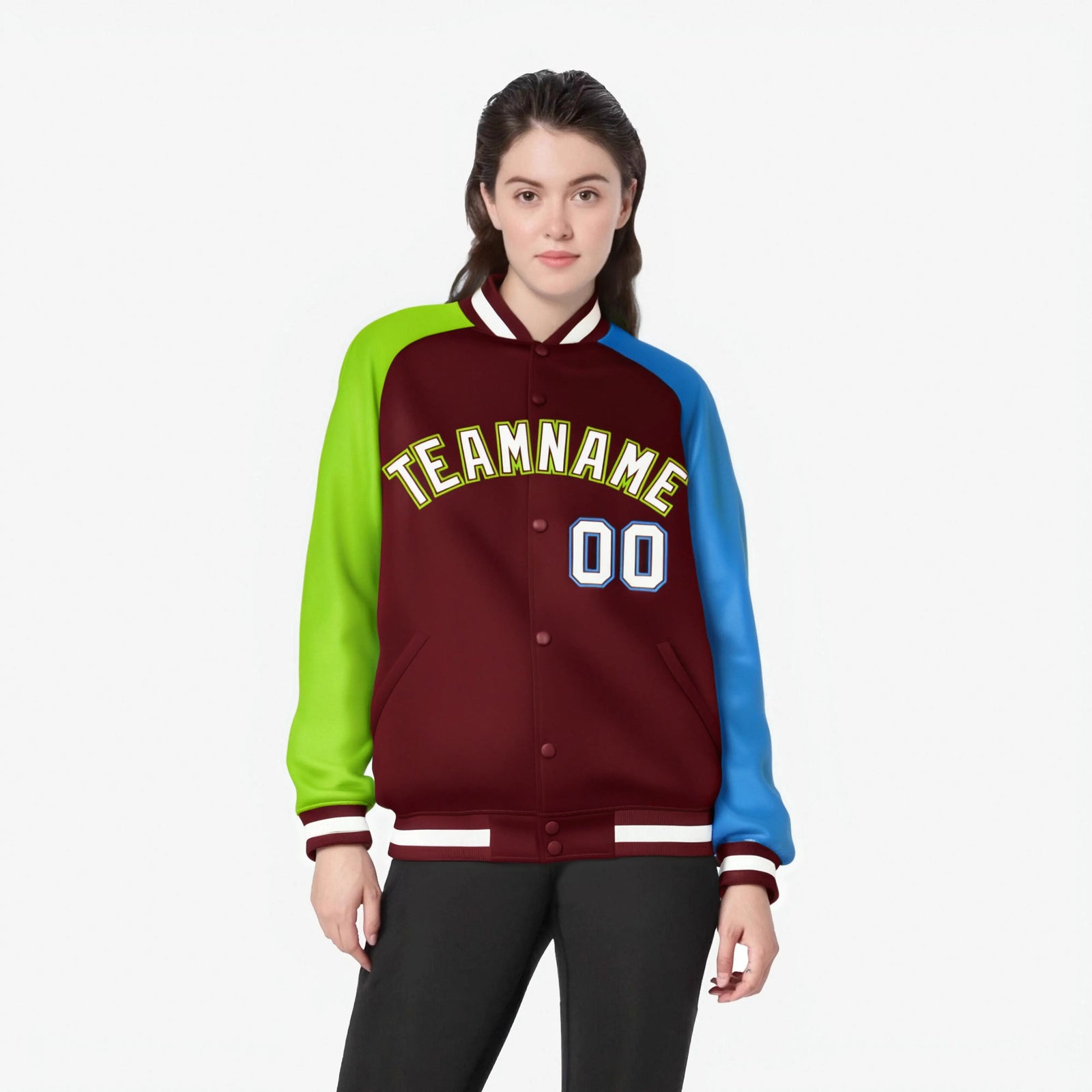Custom Crimson Neon Green-Powder Blue Raglan Sleeves Varsity Full-Snap Letterman Jacket