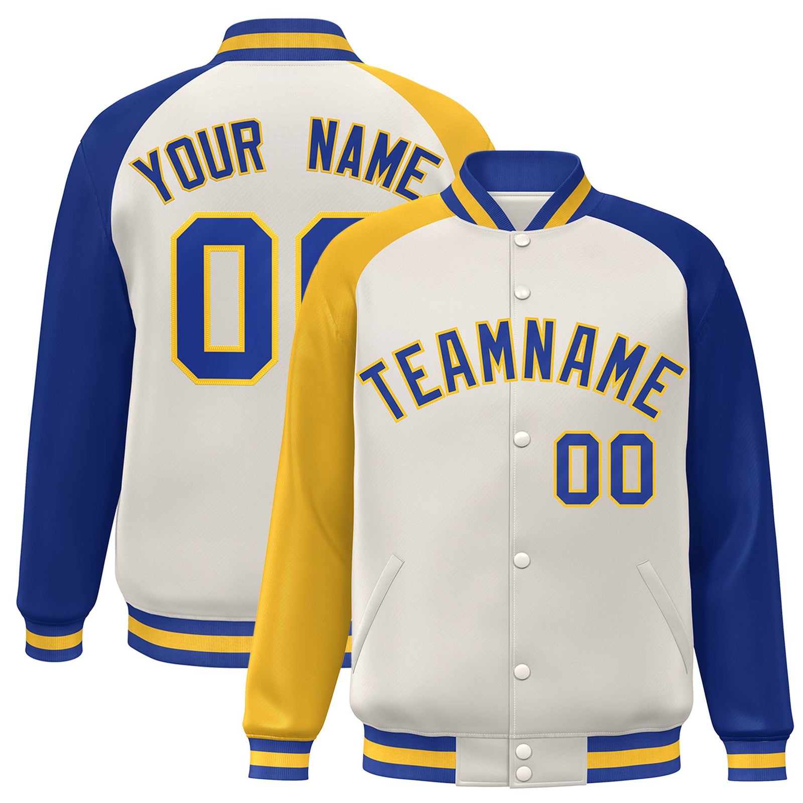 Custom Cream Royal Blue-Gold Raglan Sleeves Varsity Full-Snap Letterman Jacket