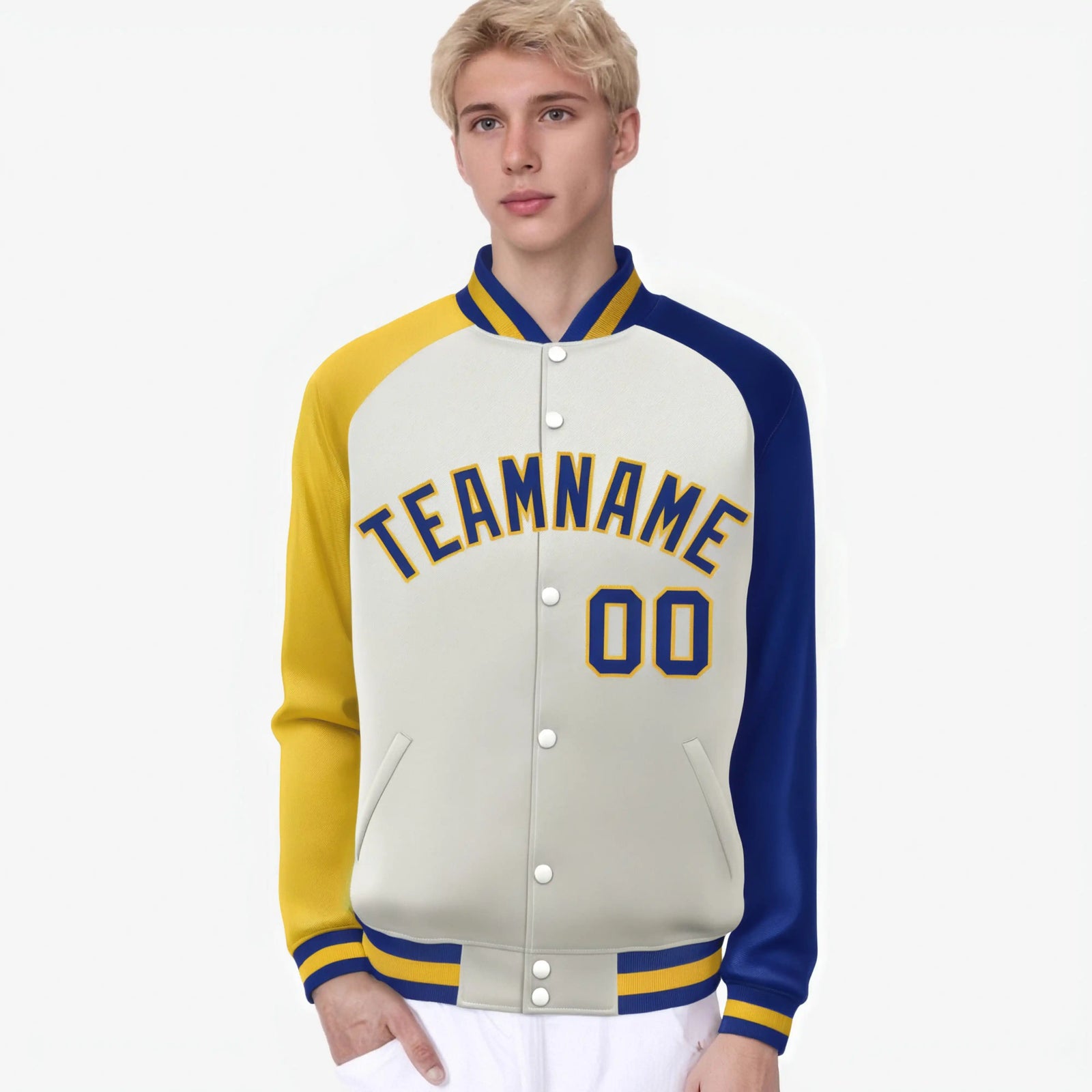 Custom Cream Royal Blue-Gold Raglan Sleeves Varsity Full-Snap Letterman Jacket