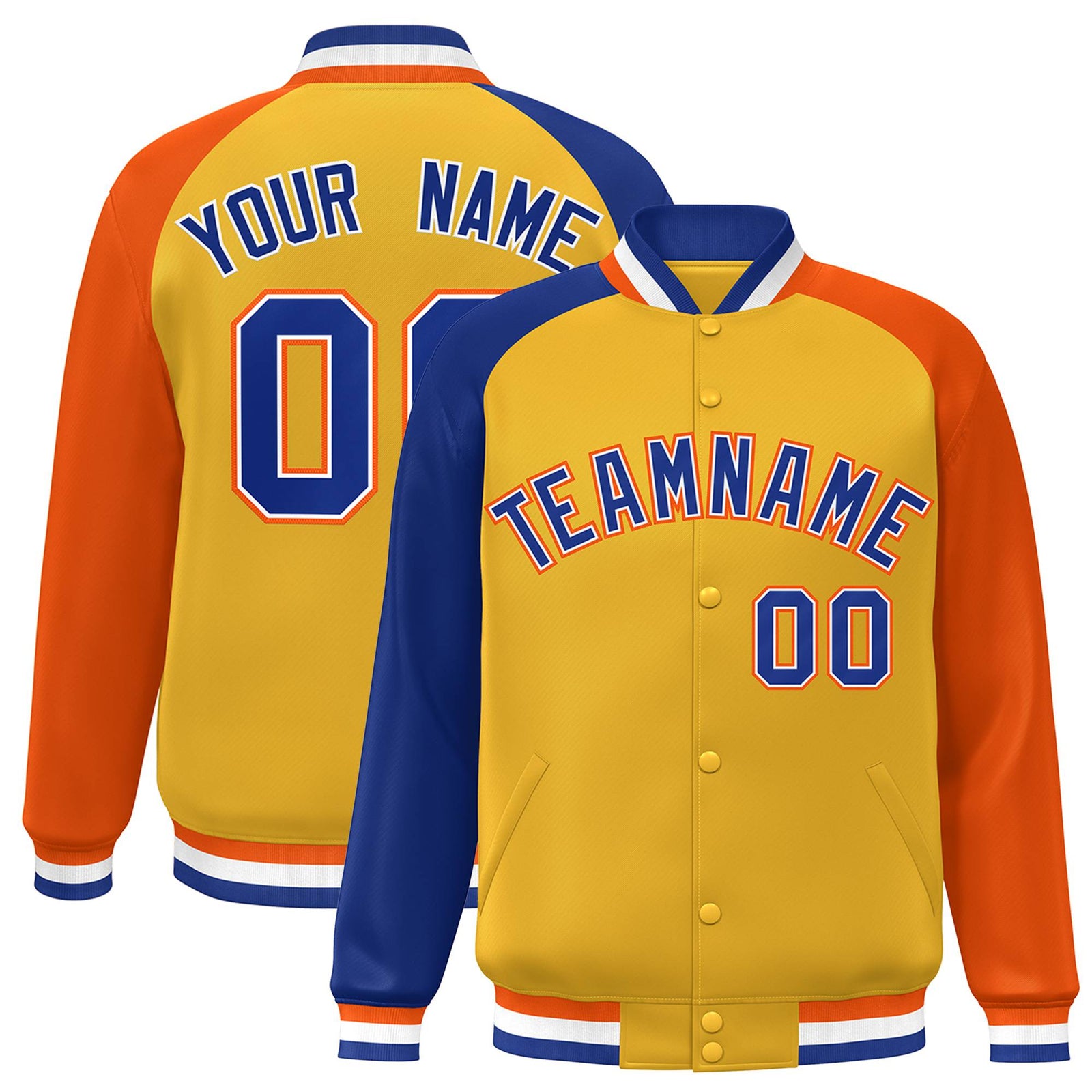 Custom Gold Orange-Royal Blue Raglan Sleeves Varsity Full-Snap Letterman Jacket