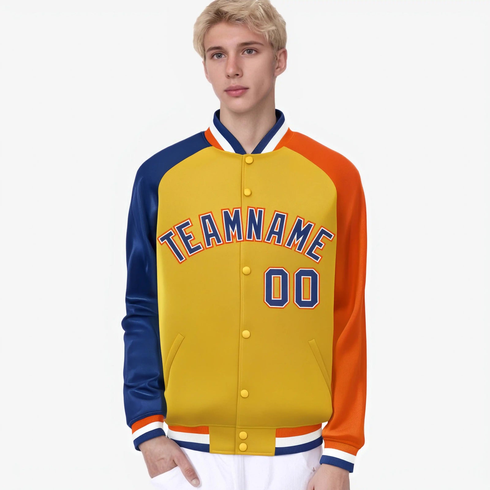 Custom Gold Orange-Royal Blue Raglan Sleeves Varsity Full-Snap Letterman Jacket
