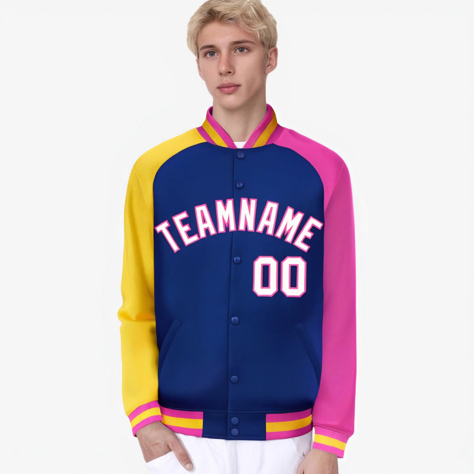 Custom Royal Blue Pink-Gold Raglan Sleeves Varsity Full-Snap Letterman Jacket