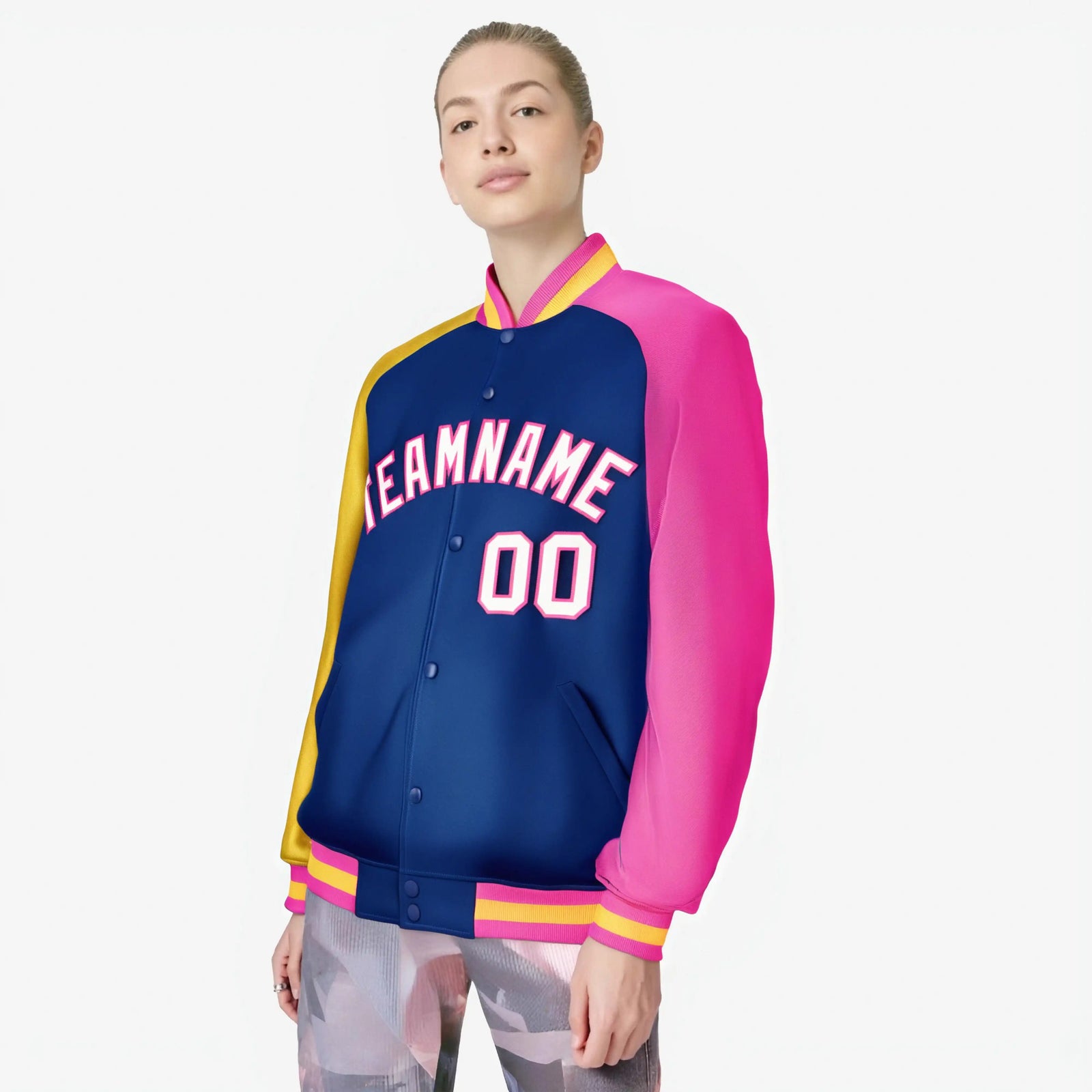 Custom Royal Blue Pink-Gold Raglan Sleeves Varsity Full-Snap Letterman Jacket