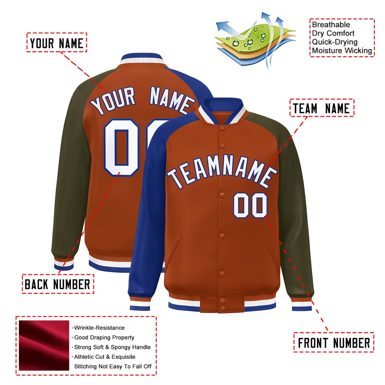 Custom Munsell Olive-Royal Blue Raglan Sleeves Varsity Full-Snap Letterman Jacket