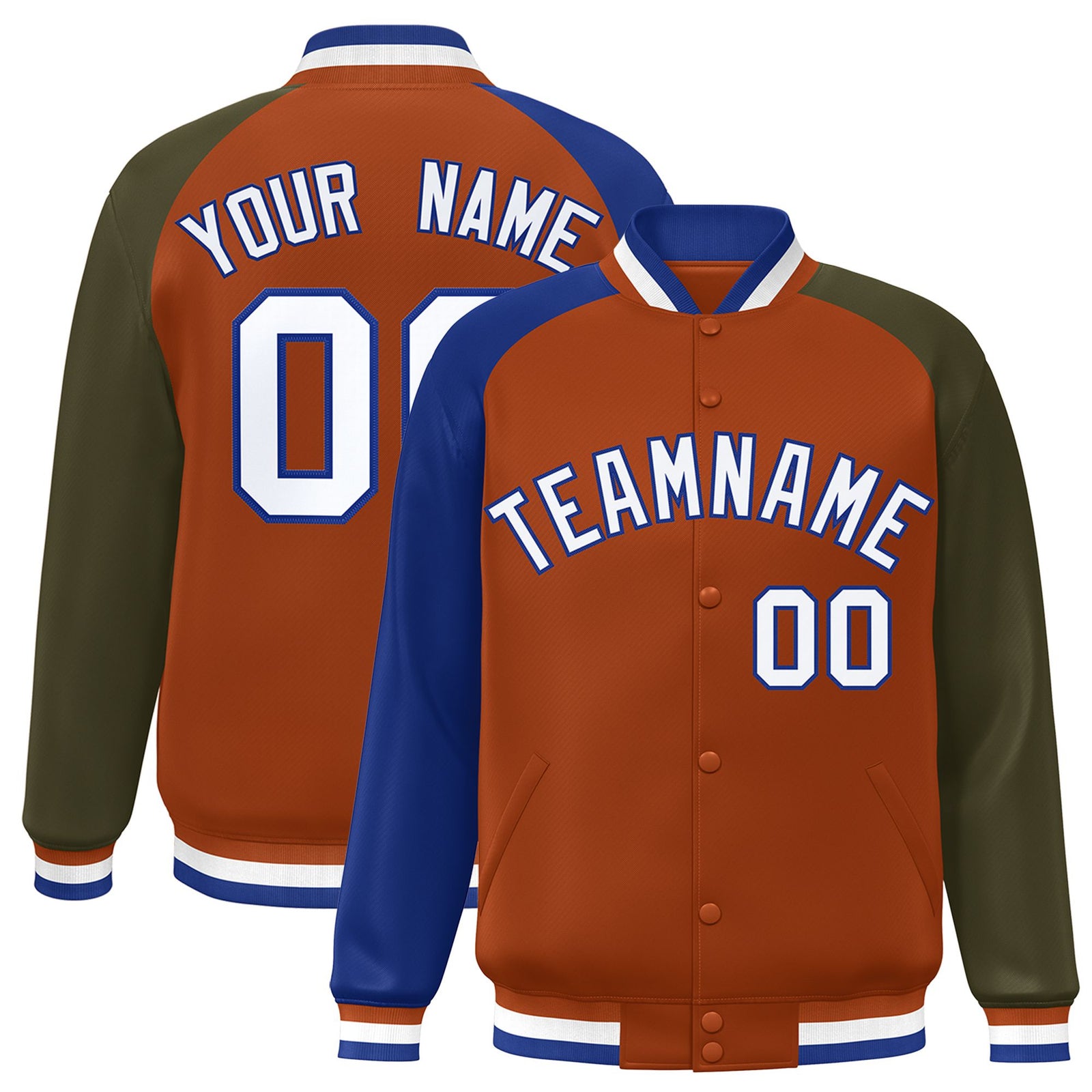 Custom Munsell Olive-Royal Blue Raglan Sleeves Varsity Full-Snap Letterman Jacket