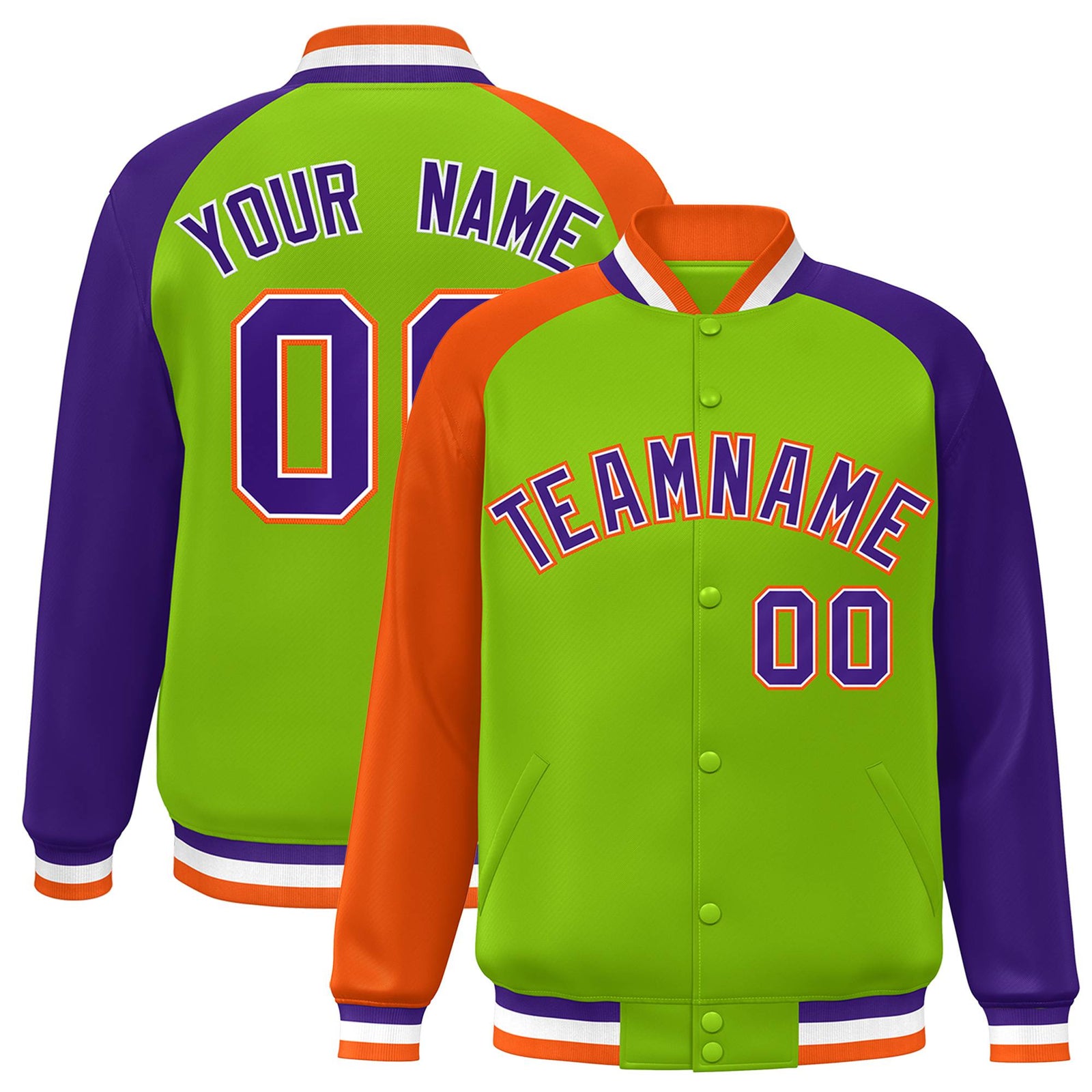 Custom Neon Green Purple-Orange Raglan Sleeves Varsity Full-Snap Letterman Jacket