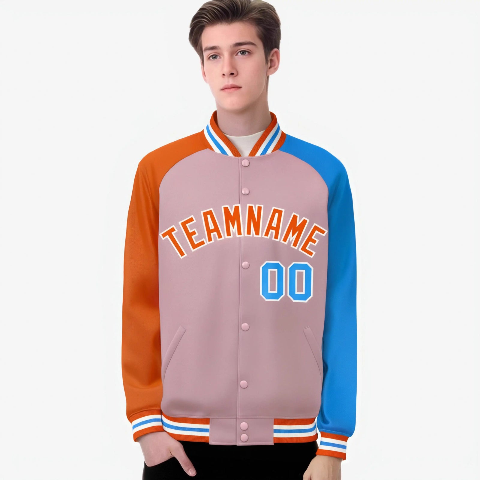 Custom Light Pink Powder Blue-Orange Raglan Sleeves Varsity Full-Snap Letterman Jacket