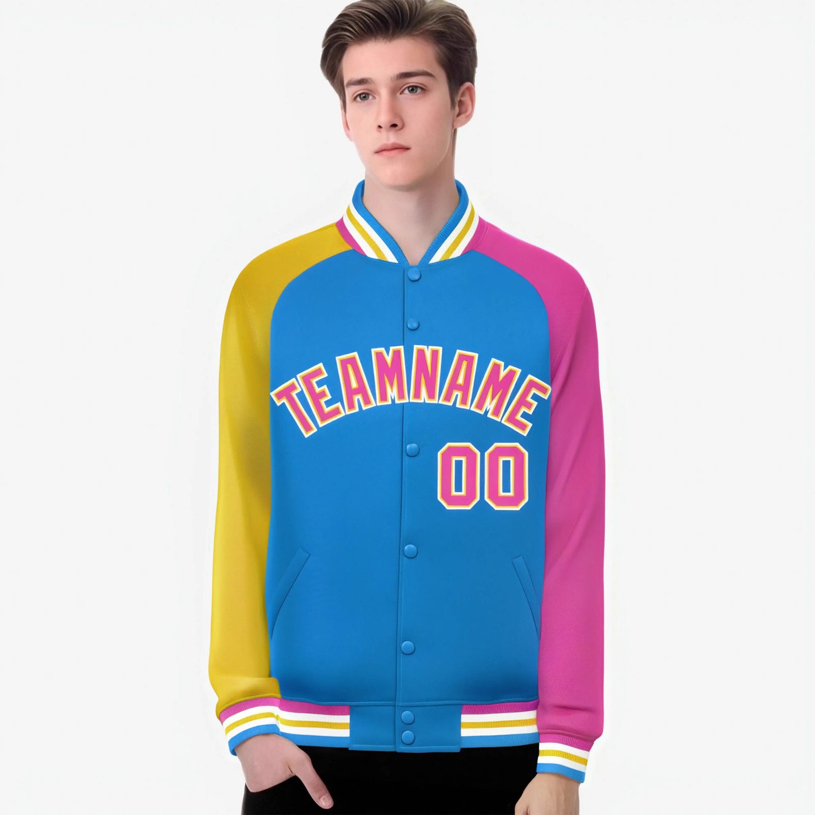 Custom Powder Blue Pink-Gold Raglan Sleeves Varsity Full-Snap Letterman Jacket