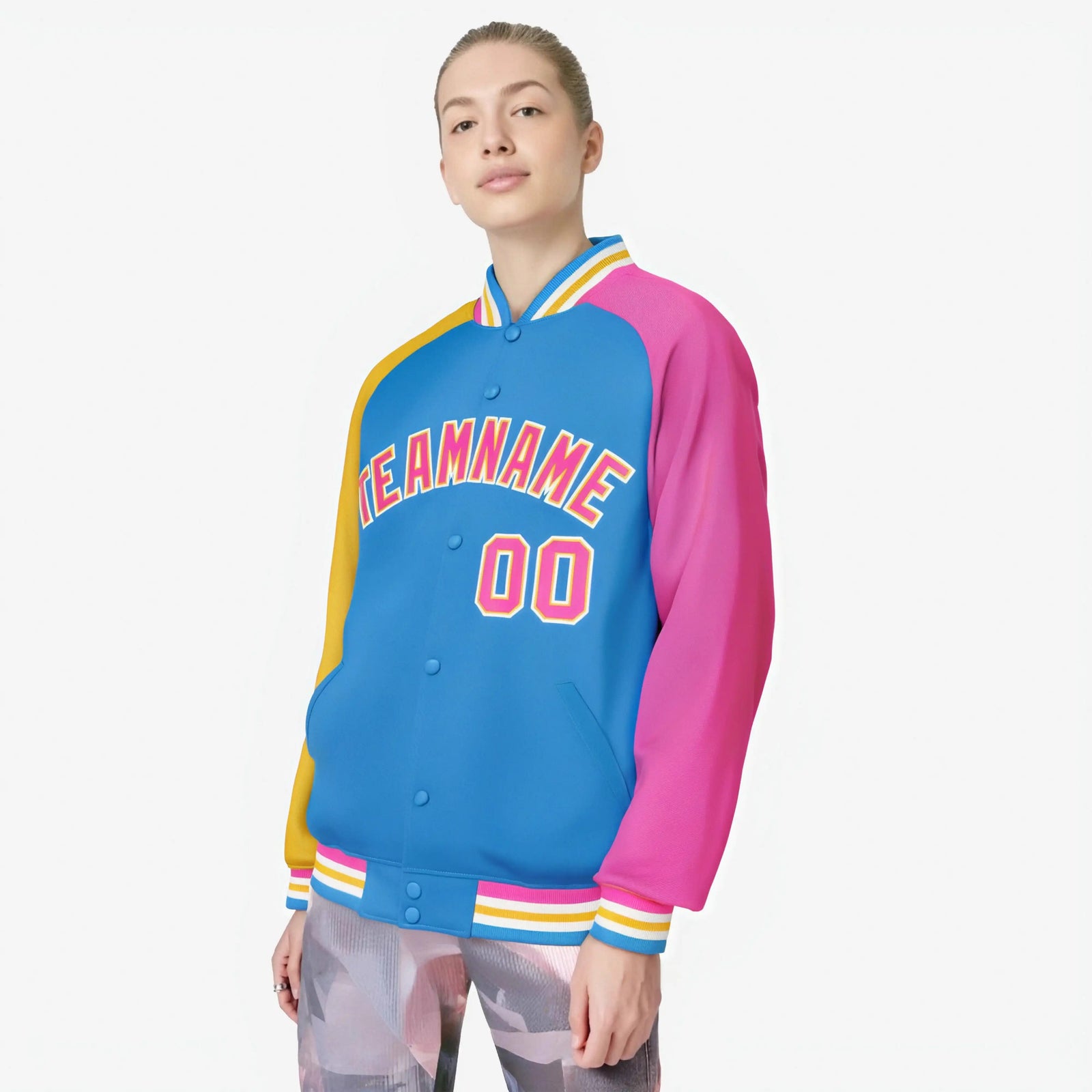 Custom Powder Blue Pink-Gold Raglan Sleeves Varsity Full-Snap Letterman Jacket