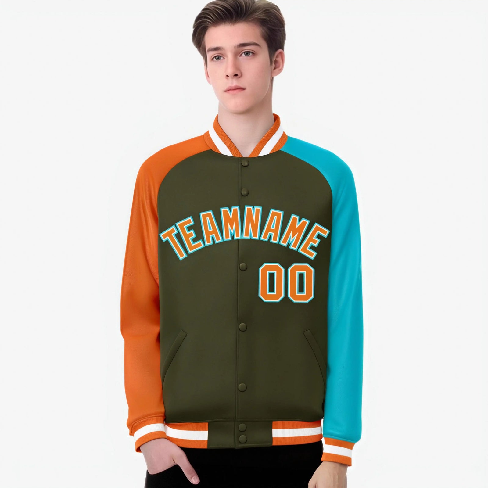 Custom Olive Aqua-Orange Raglan Sleeves Varsity Full-Snap Letterman Jacket