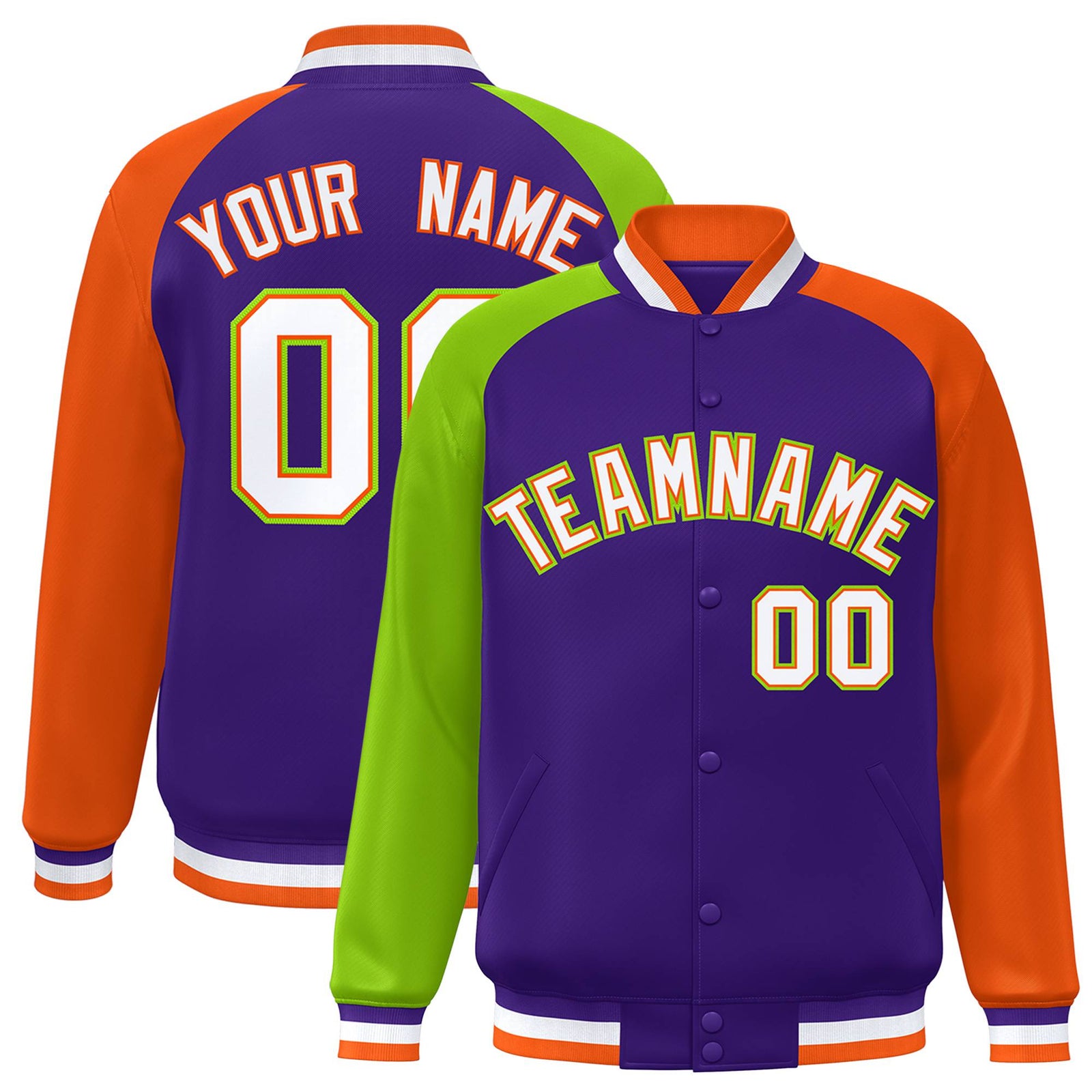 Custom Purple Orange-Neon Green Raglan Sleeves Varsity Full-Snap Letterman Jacket