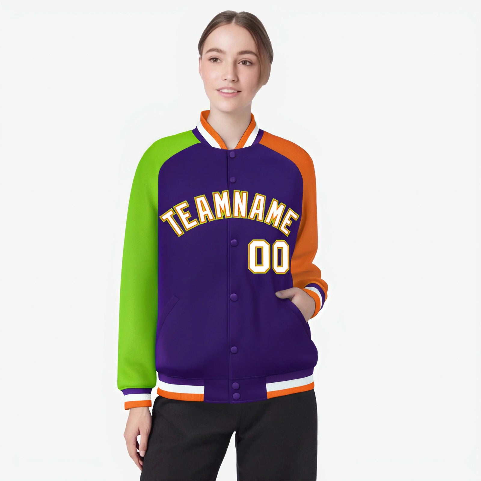 Custom Purple Orange-Neon Green Raglan Sleeves Varsity Full-Snap Letterman Jacket