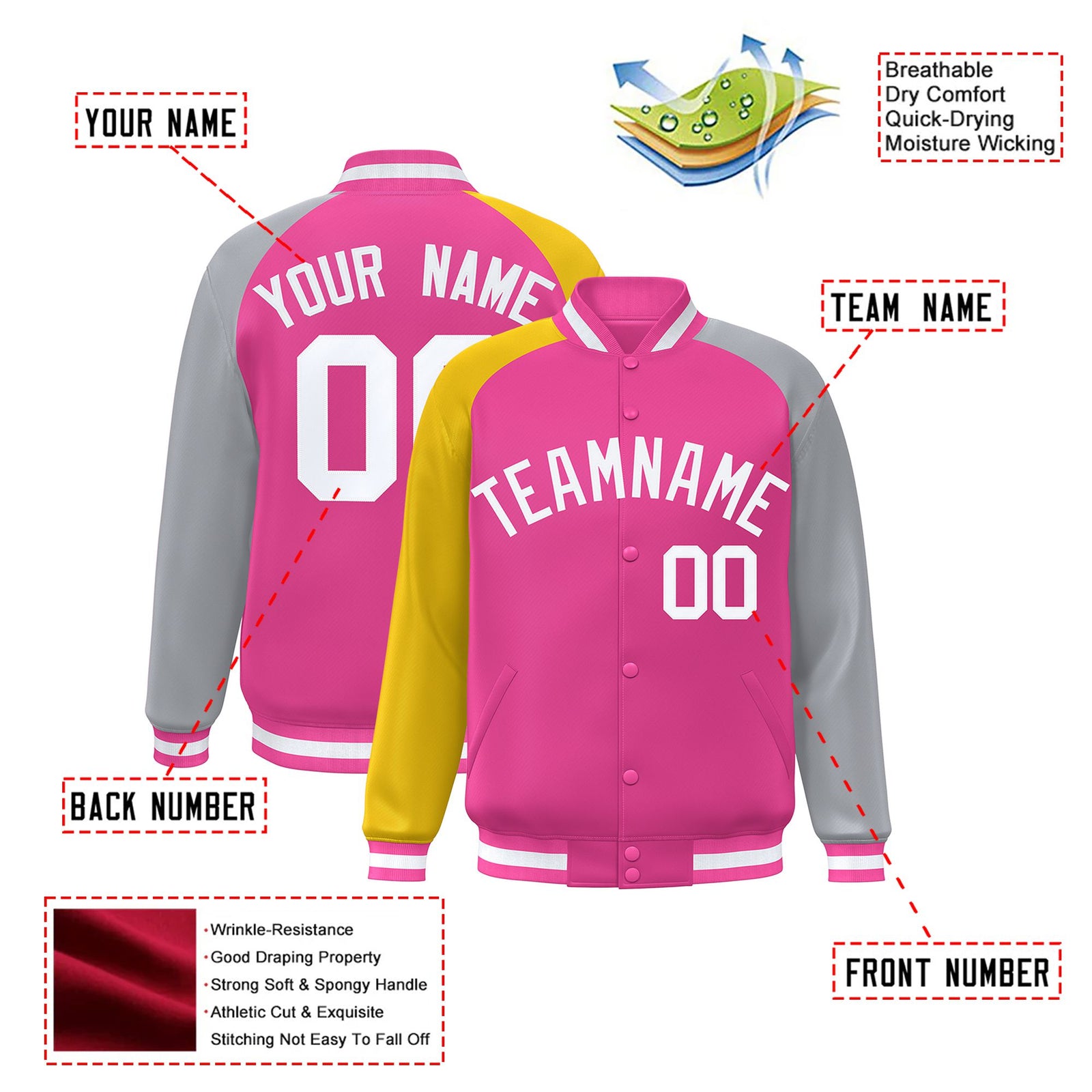 Custom Pink Gray-Gold Raglan Sleeves Varsity Full-Snap Letterman Jacket