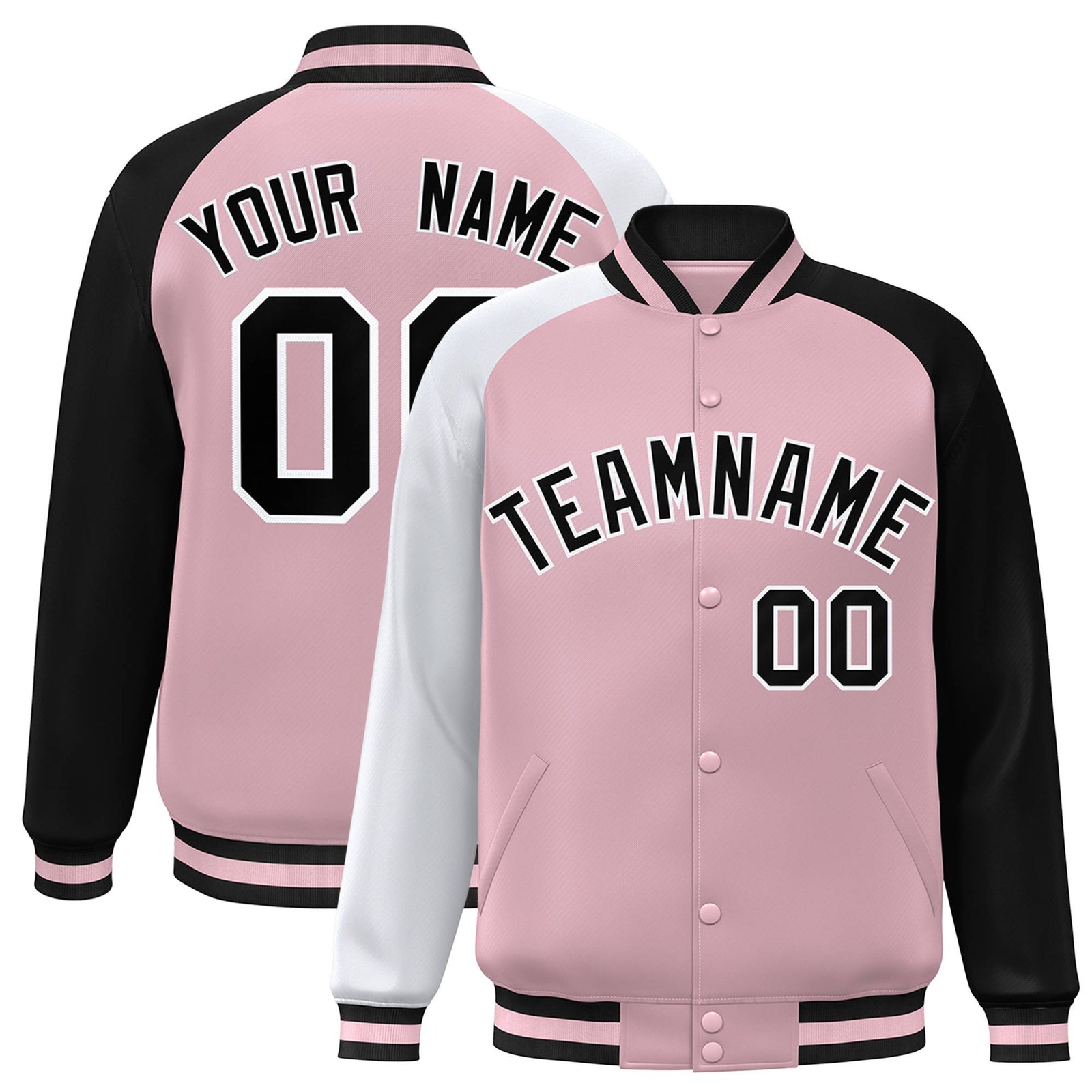 Custom Pink Black-White Raglan Sleeves Varsity Full-Snap Letterman Jacket