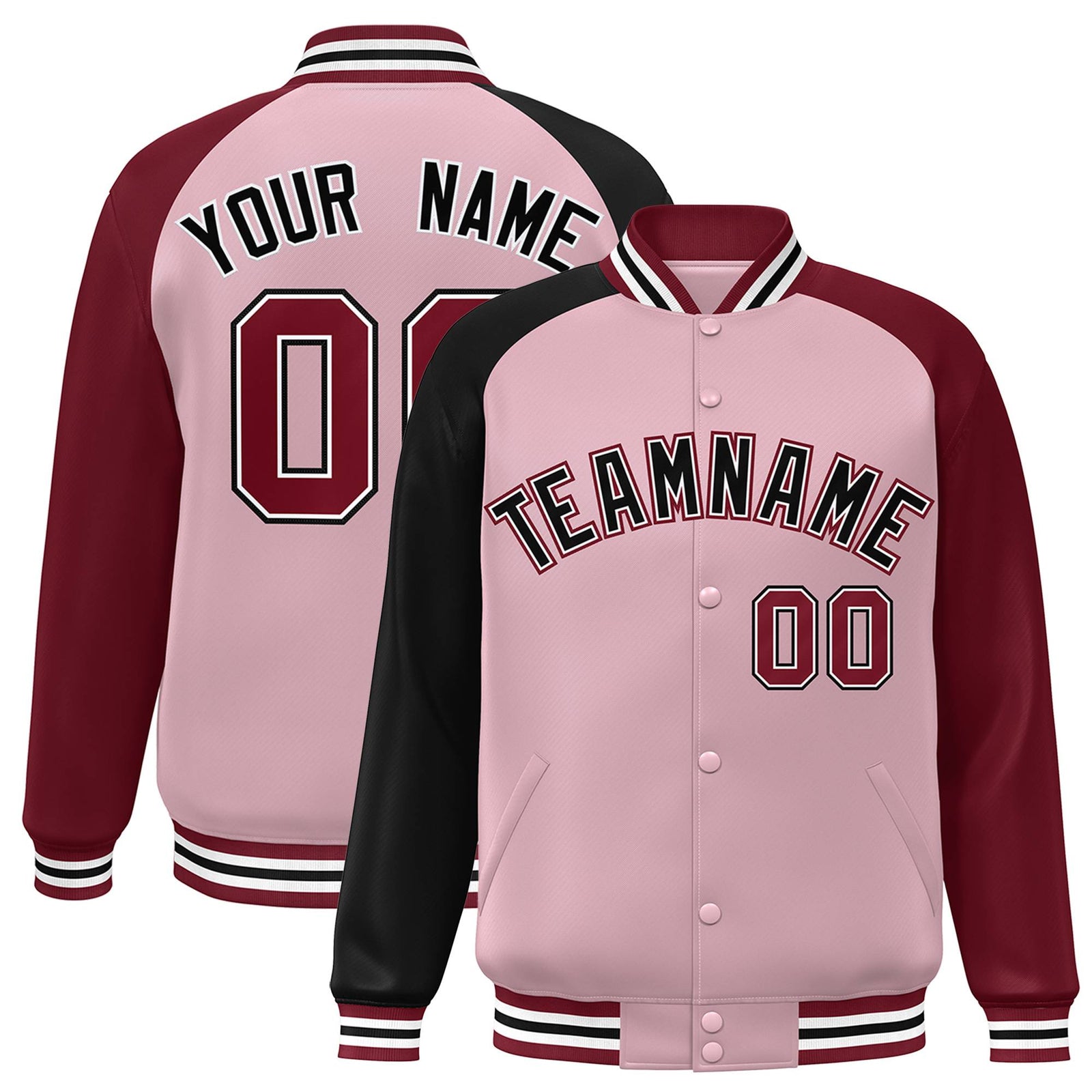 Custom Pink Crimson-Black Raglan Sleeves Varsity Full-Snap Letterman Jacket