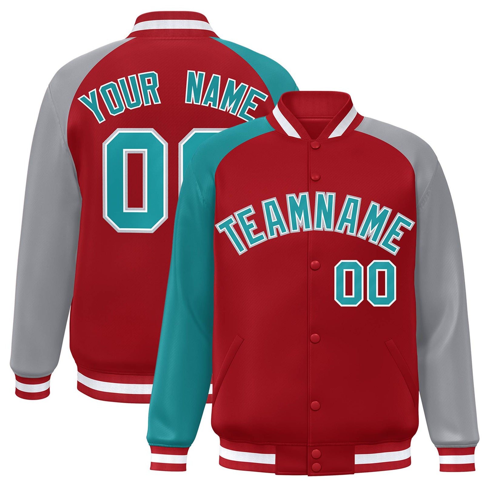 Custom Red Gray-Aqua Raglan Sleeves Varsity Full-Snap Letterman Jacket