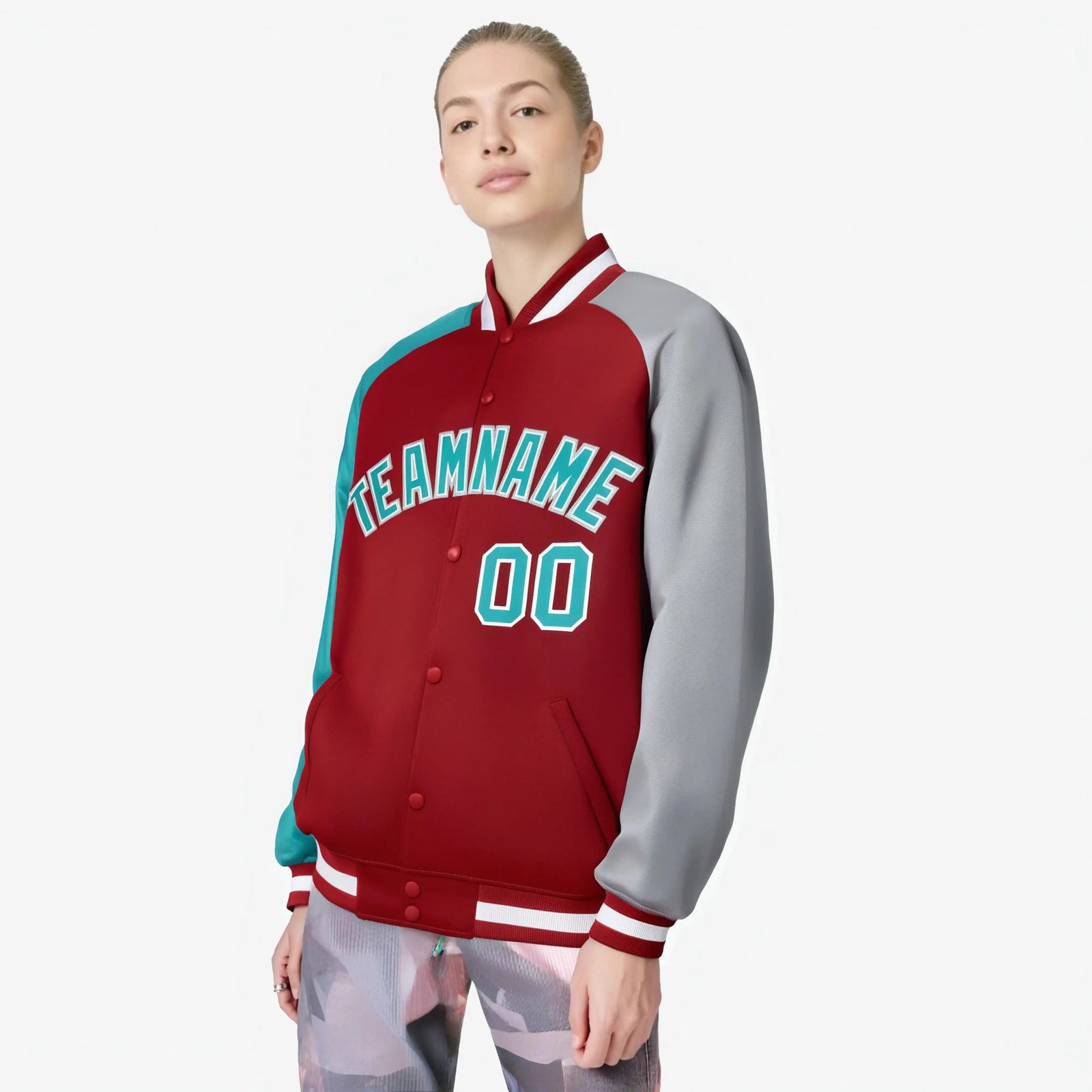 Custom Red Gray-Aqua Raglan Sleeves Varsity Full-Snap Letterman Jacket