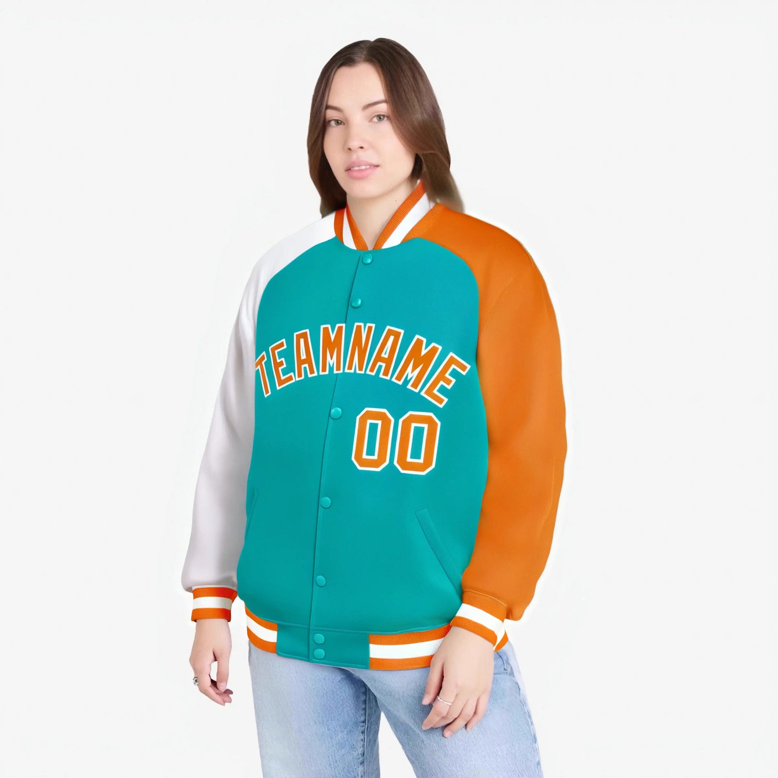 Custom Aqua Orange-White Raglan Sleeves Varsity Full-Snap Letterman Jacket