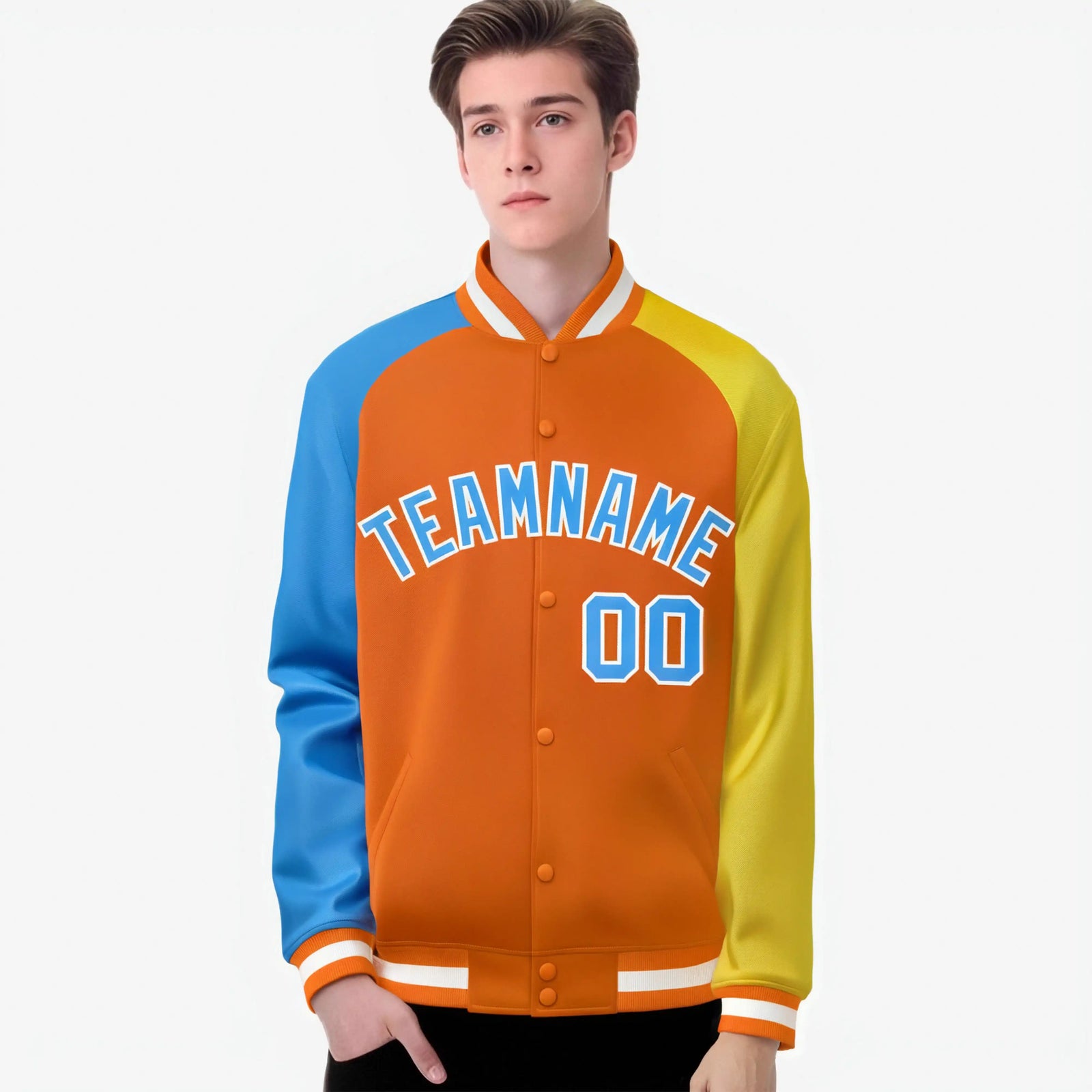 Custom Orange Gold-Powder Blue Raglan Sleeves Varsity Full-Snap Letterman Jacket
