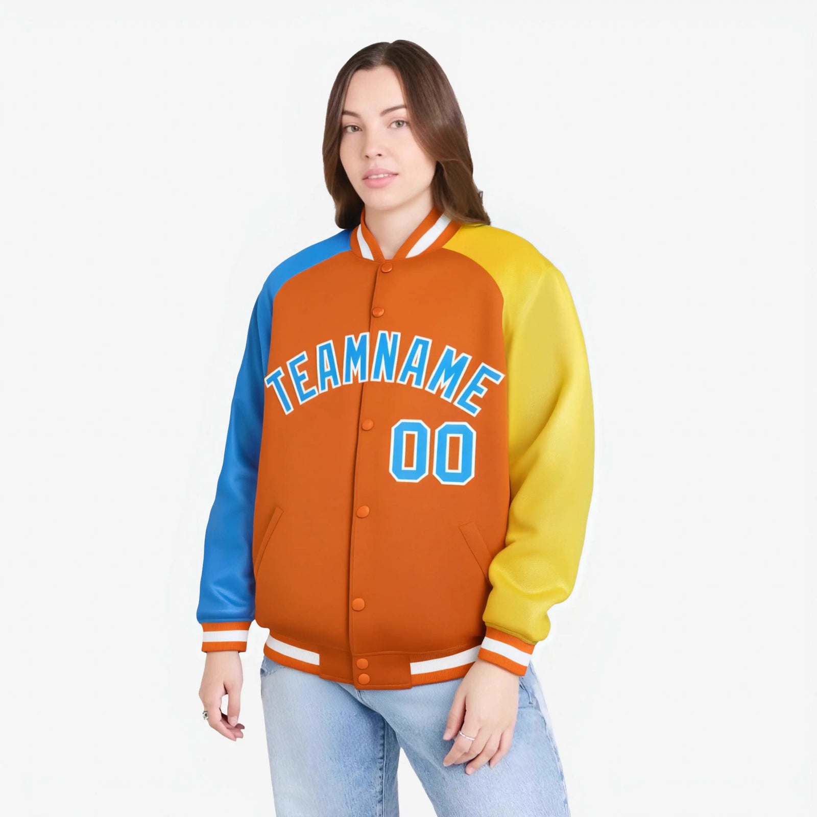 Custom Orange Gold-Powder Blue Raglan Sleeves Varsity Full-Snap Letterman Jacket