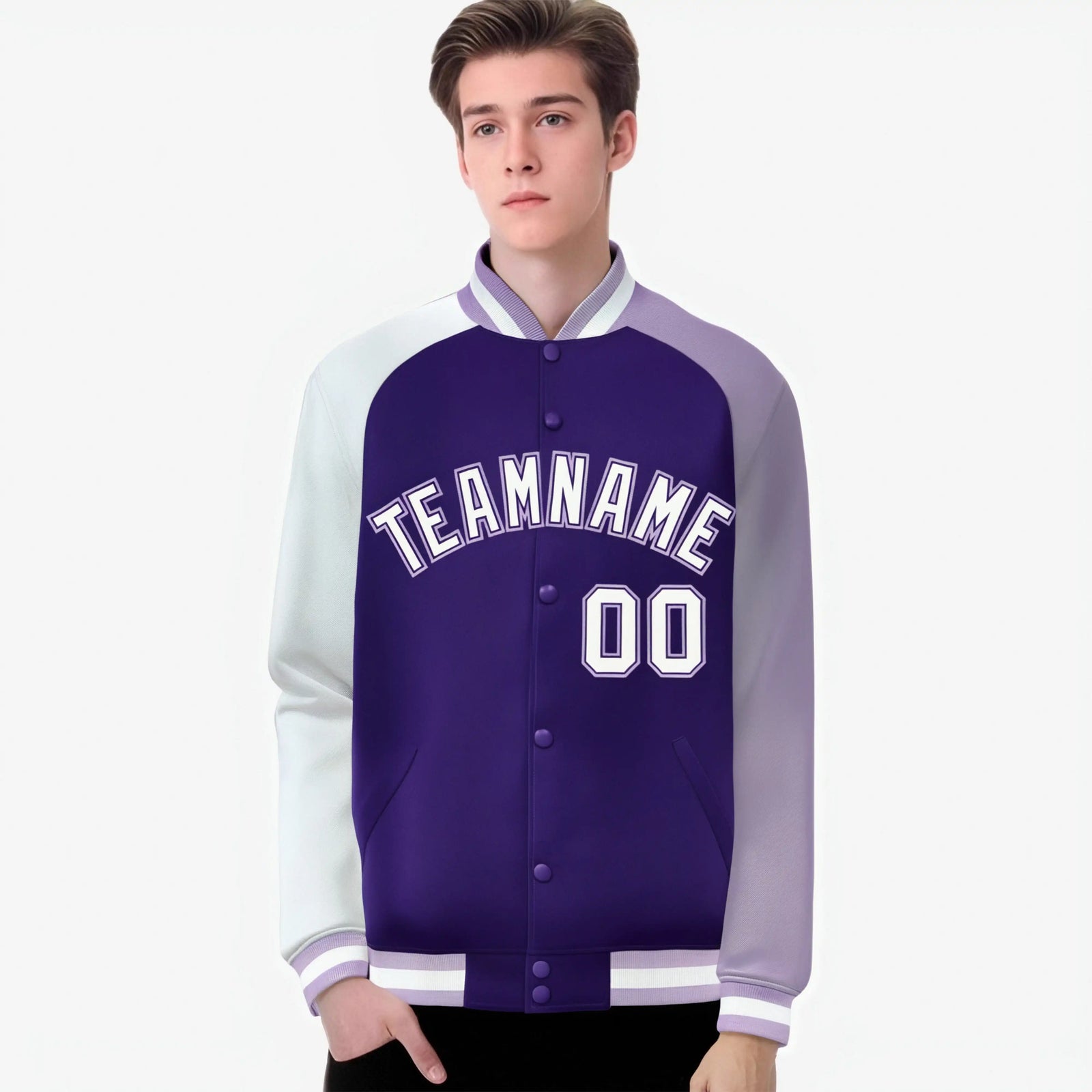 Custom Purple Light Purple-White Raglan Sleeves Varsity Full-Snap Letterman Jacket