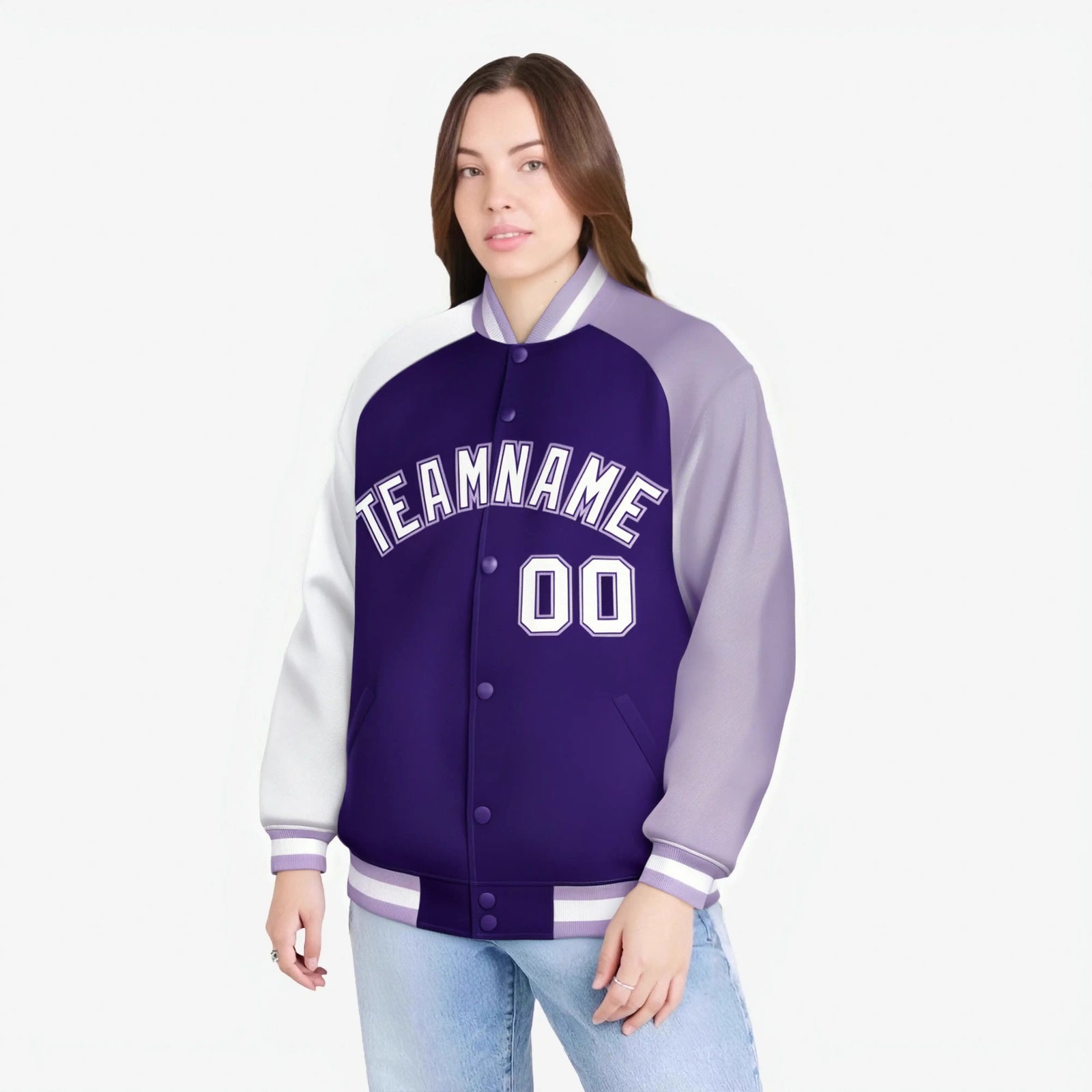 Custom Purple Light Purple-White Raglan Sleeves Varsity Full-Snap Letterman Jacket