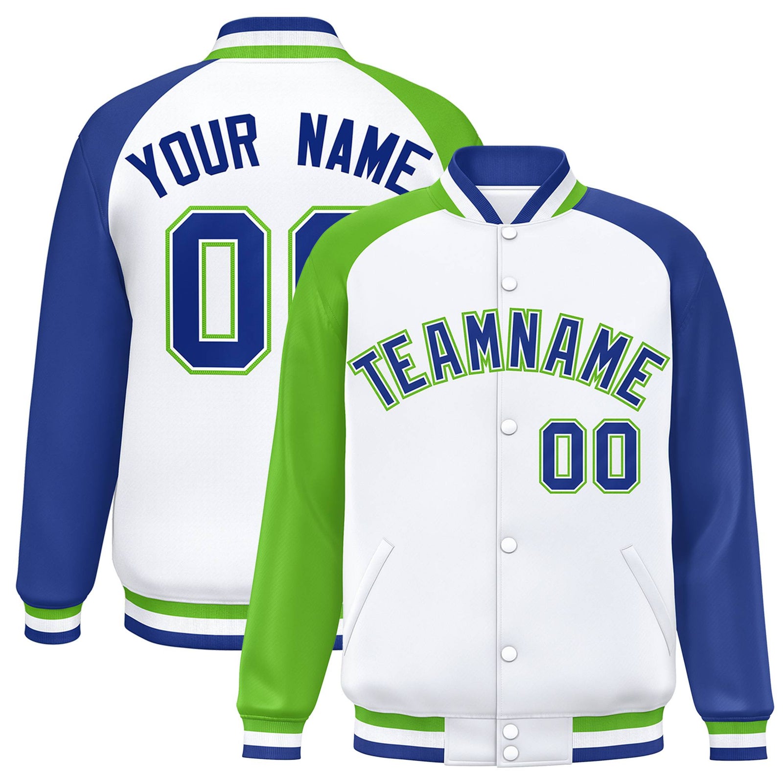 Custom White Royal Blue-Neon Green Raglan Sleeves Varsity Full-Snap Letterman Jacket