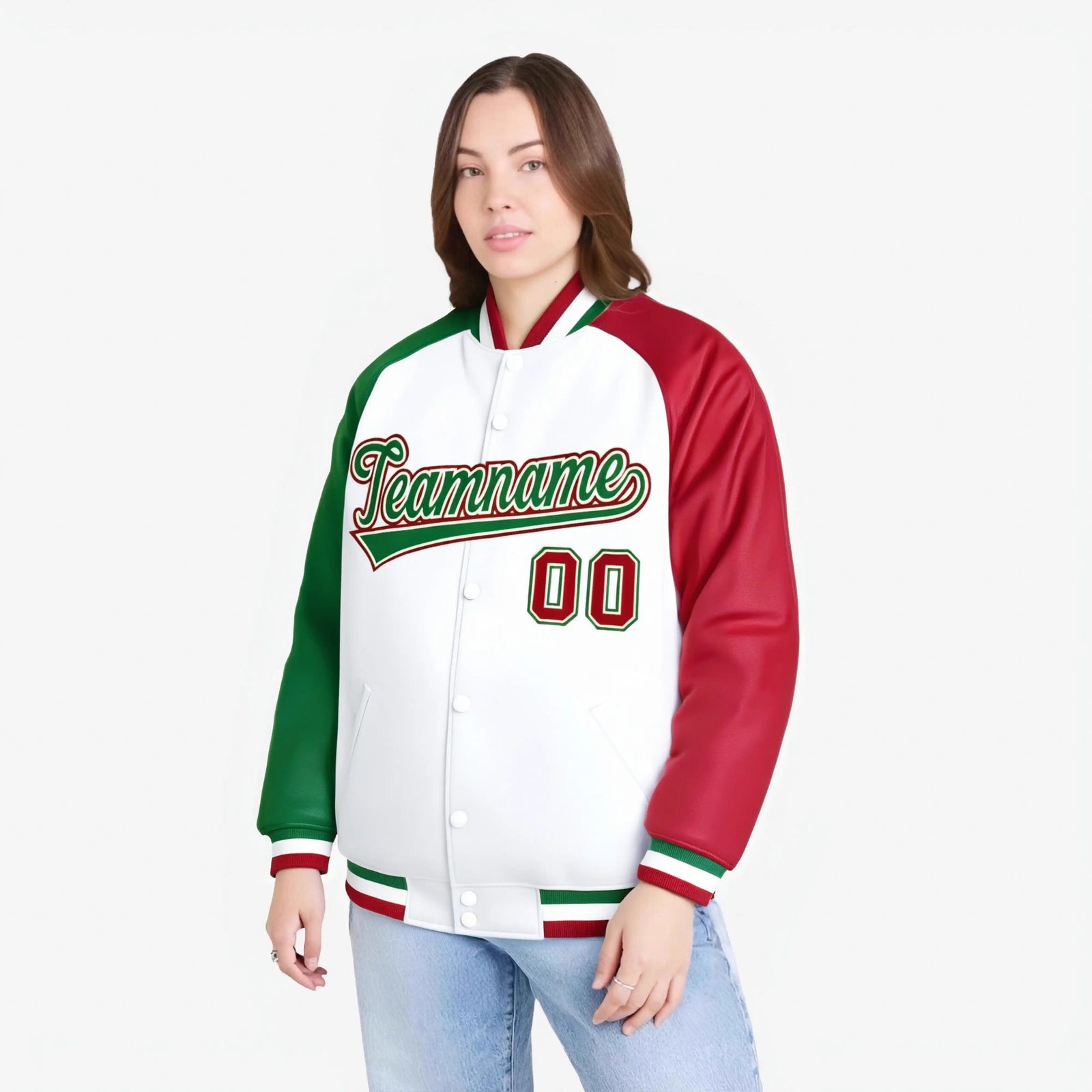 Custom White Red-Kelly Green Raglan Sleeves Varsity Full-Snap Letterman Jacket