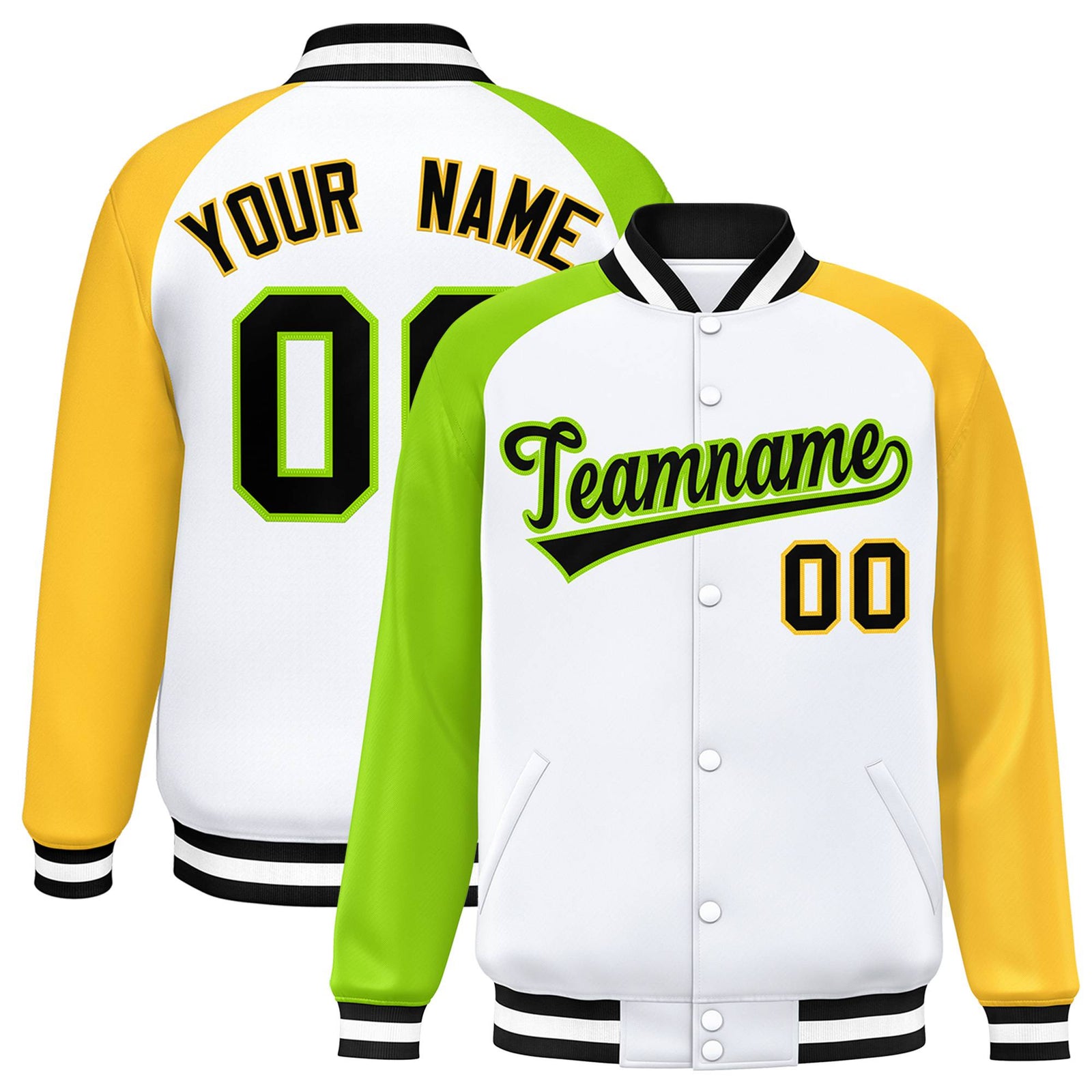 Custom White Gold-Neon Green Raglan Sleeves Varsity Full-Snap Letterman Jacket
