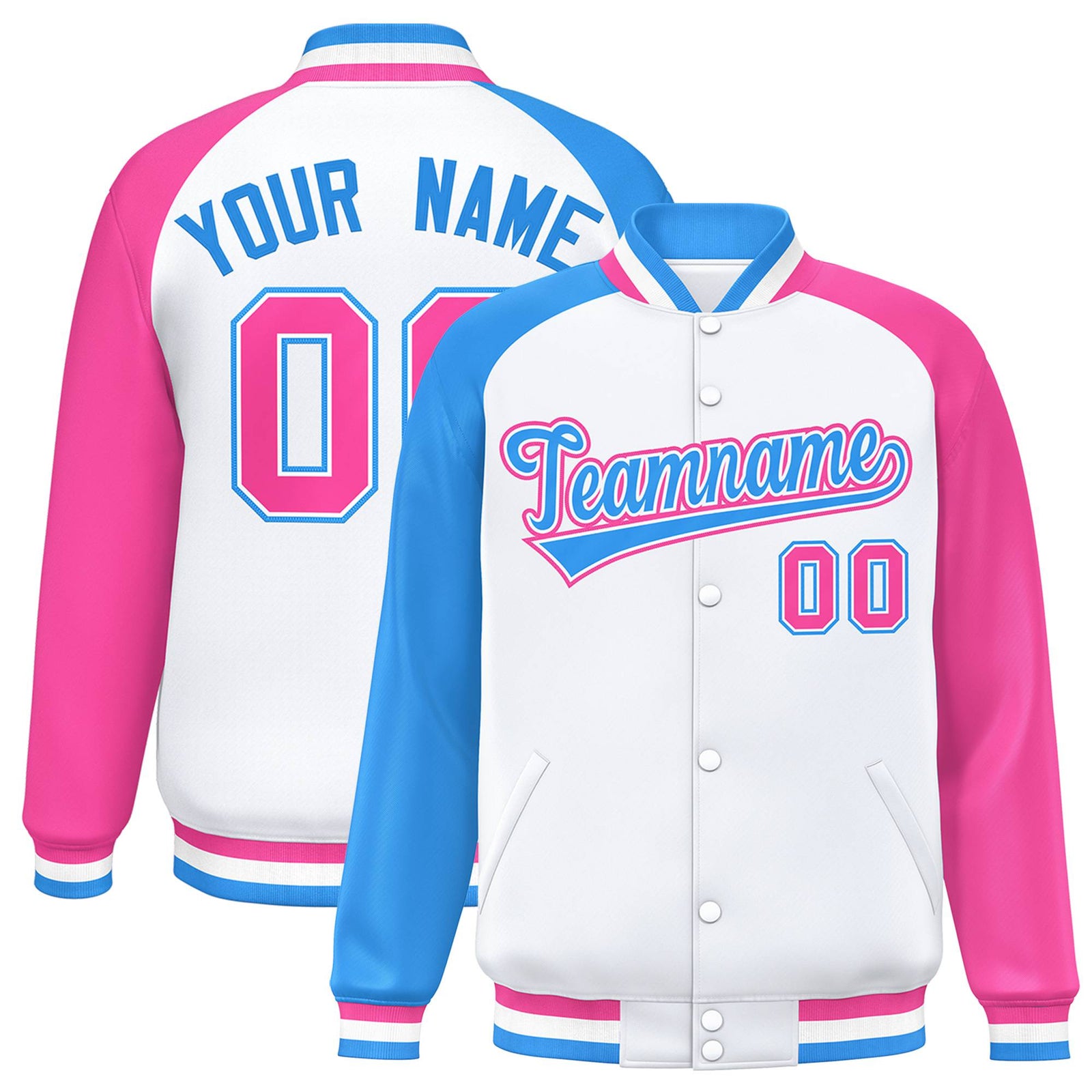 Custom White Pink-Powder Blue Raglan Sleeves Varsity Full-Snap Letterman Jacket