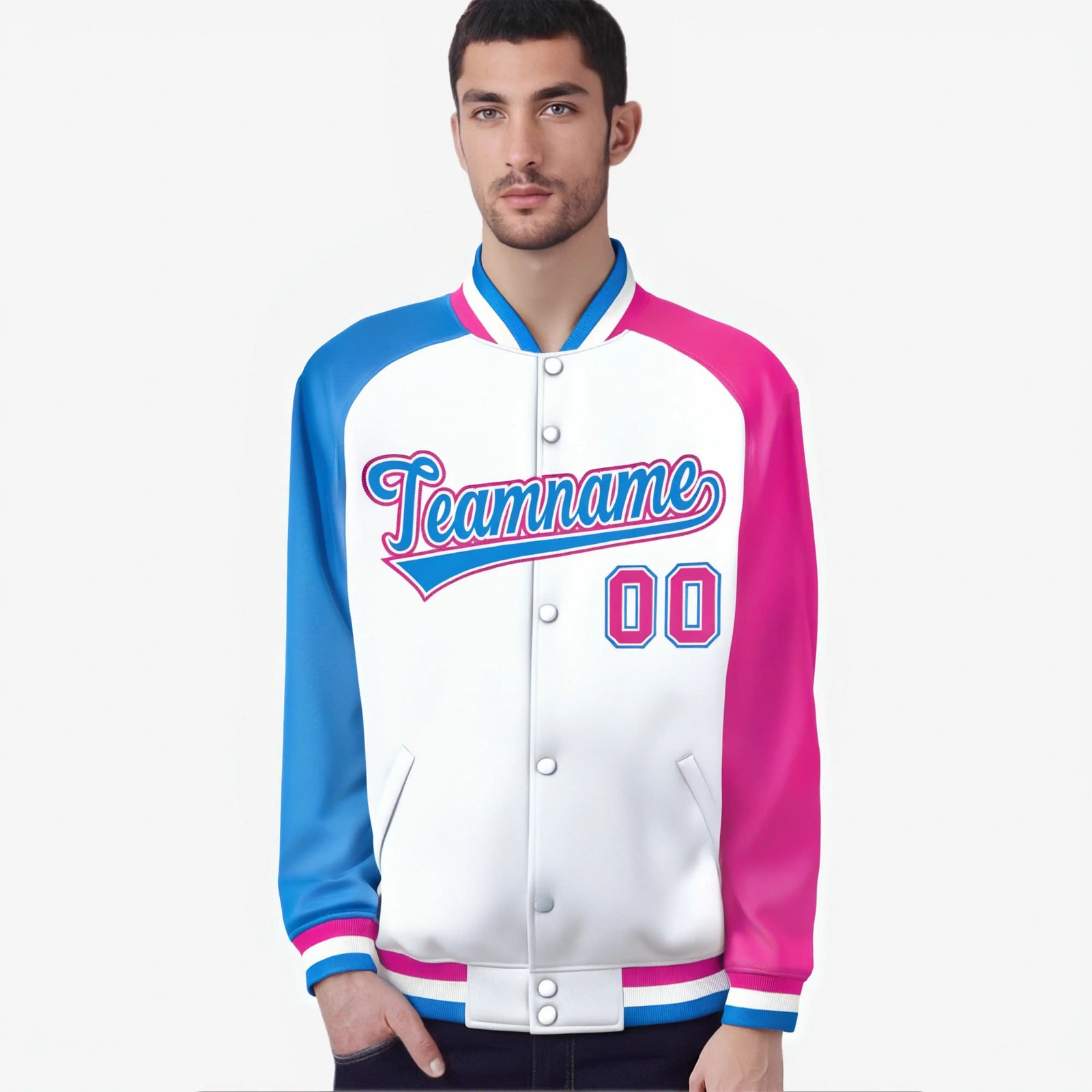 Custom White Pink-Powder Blue Raglan Sleeves Varsity Full-Snap Letterman Jacket
