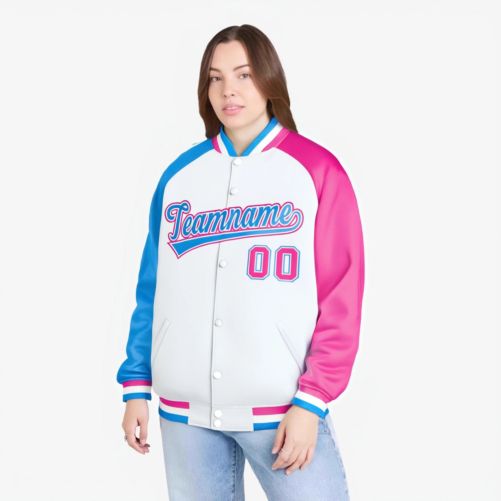 Custom White Pink-Powder Blue Raglan Sleeves Varsity Full-Snap Letterman Jacket