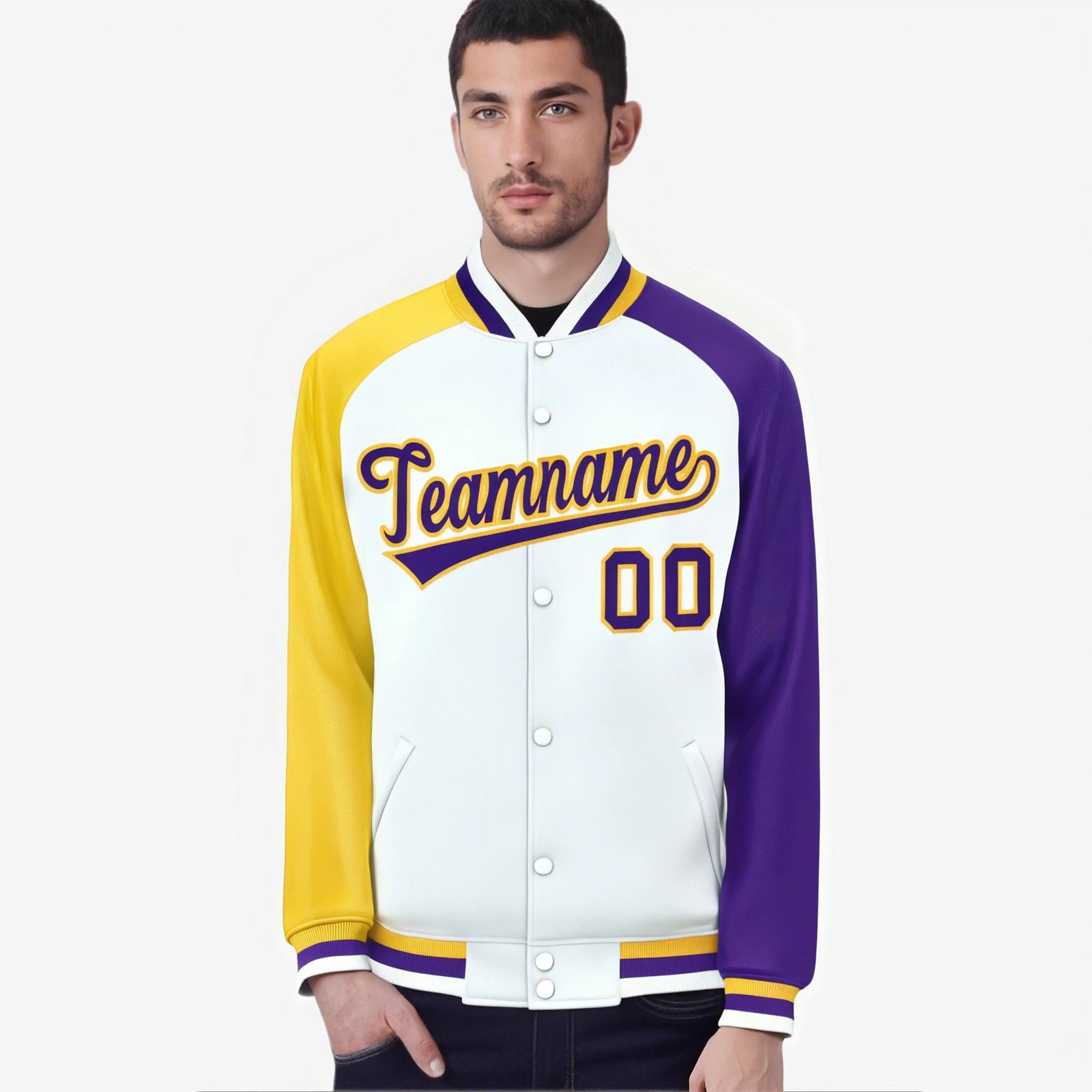 Custom White Purple-Gold Raglan Sleeves Varsity Full-Snap Letterman Jacket