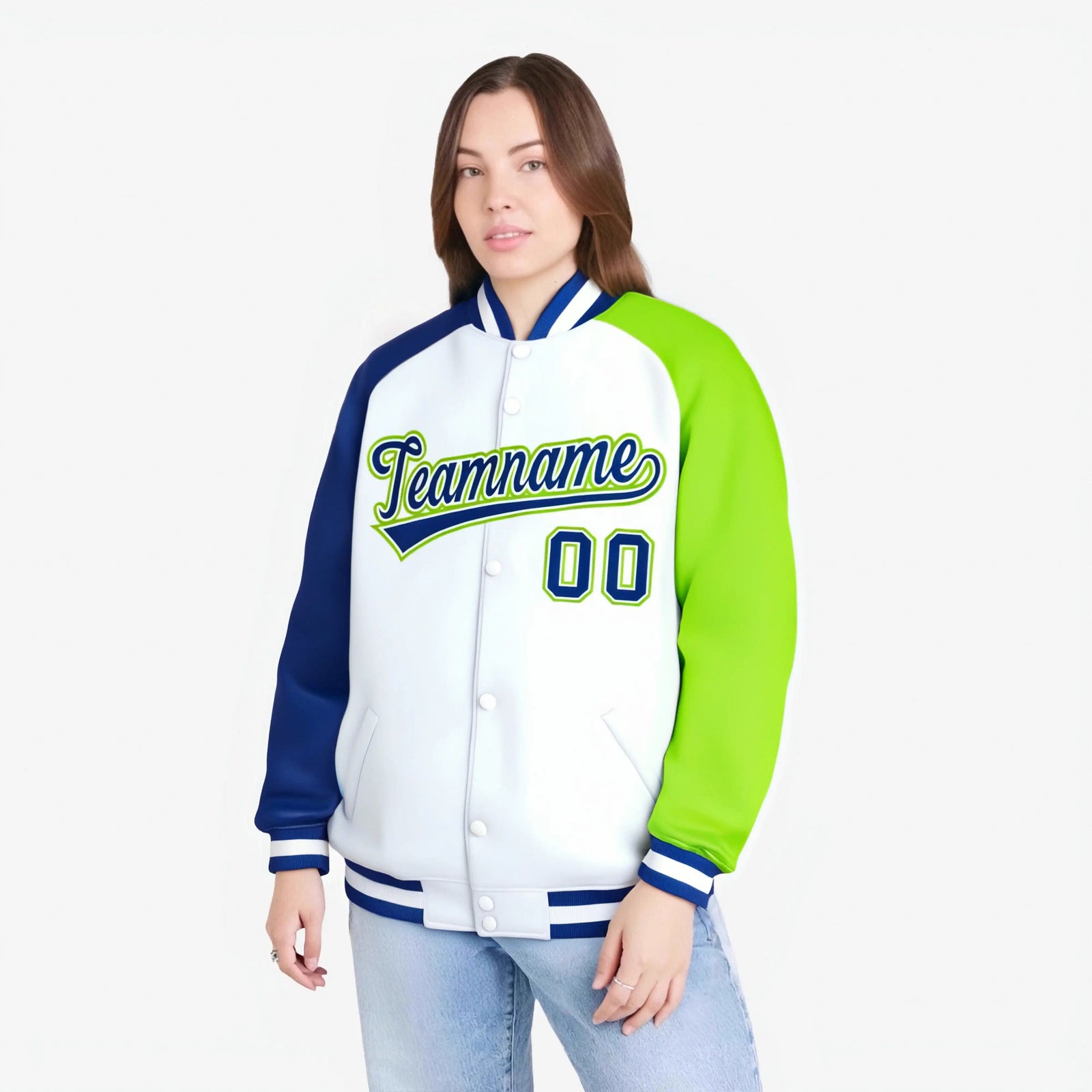 Custom White Neon Green-Royal Blue Raglan Sleeves Varsity Full-Snap Letterman Jacket