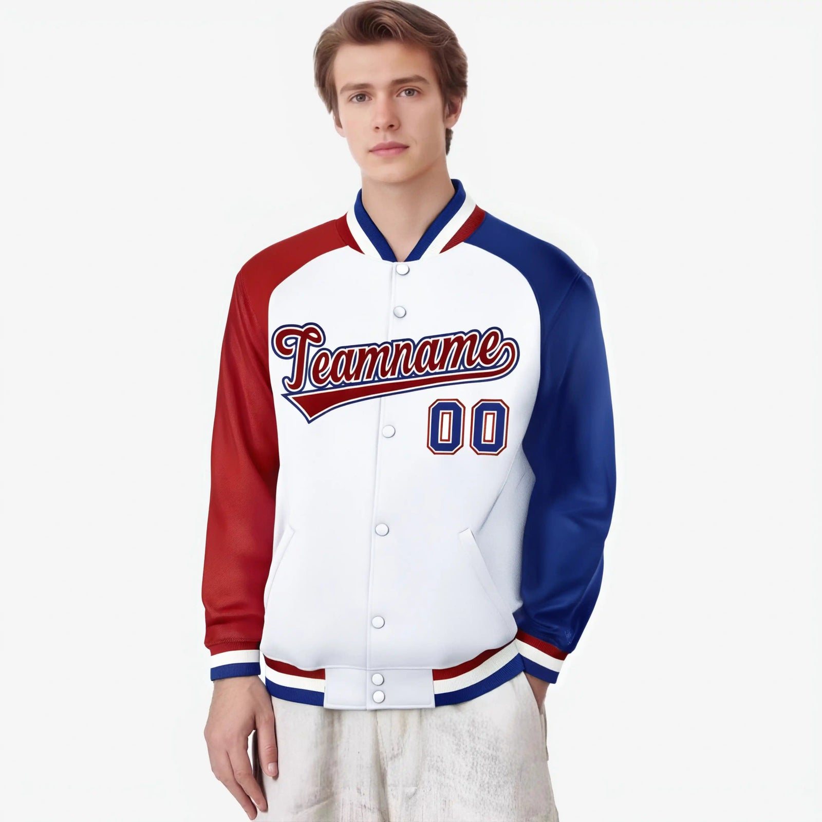 Custom White Royal Blue-Red Raglan Sleeves Varsity Full-Snap Letterman Jacket