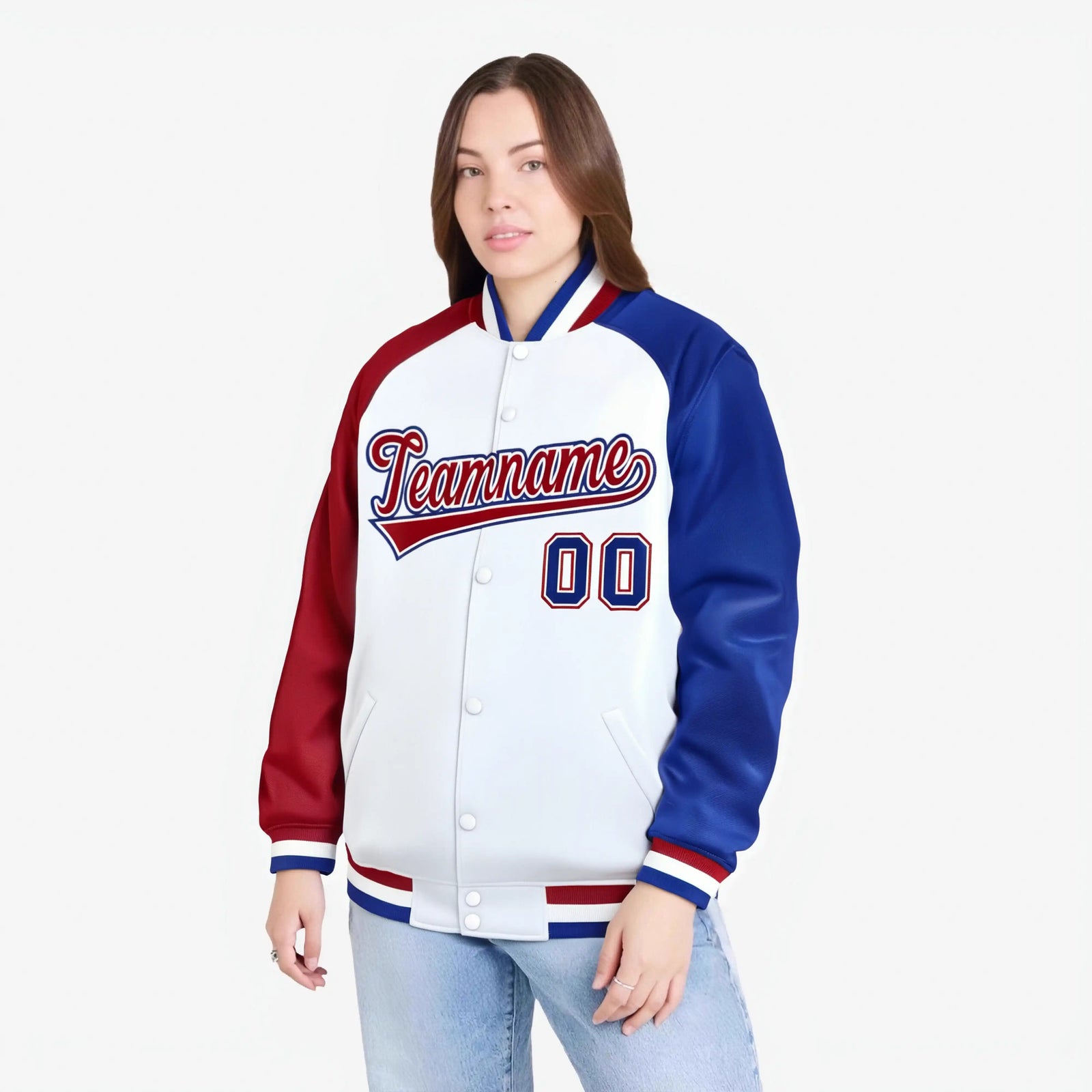 Custom White Royal Blue-Red Raglan Sleeves Varsity Full-Snap Letterman Jacket