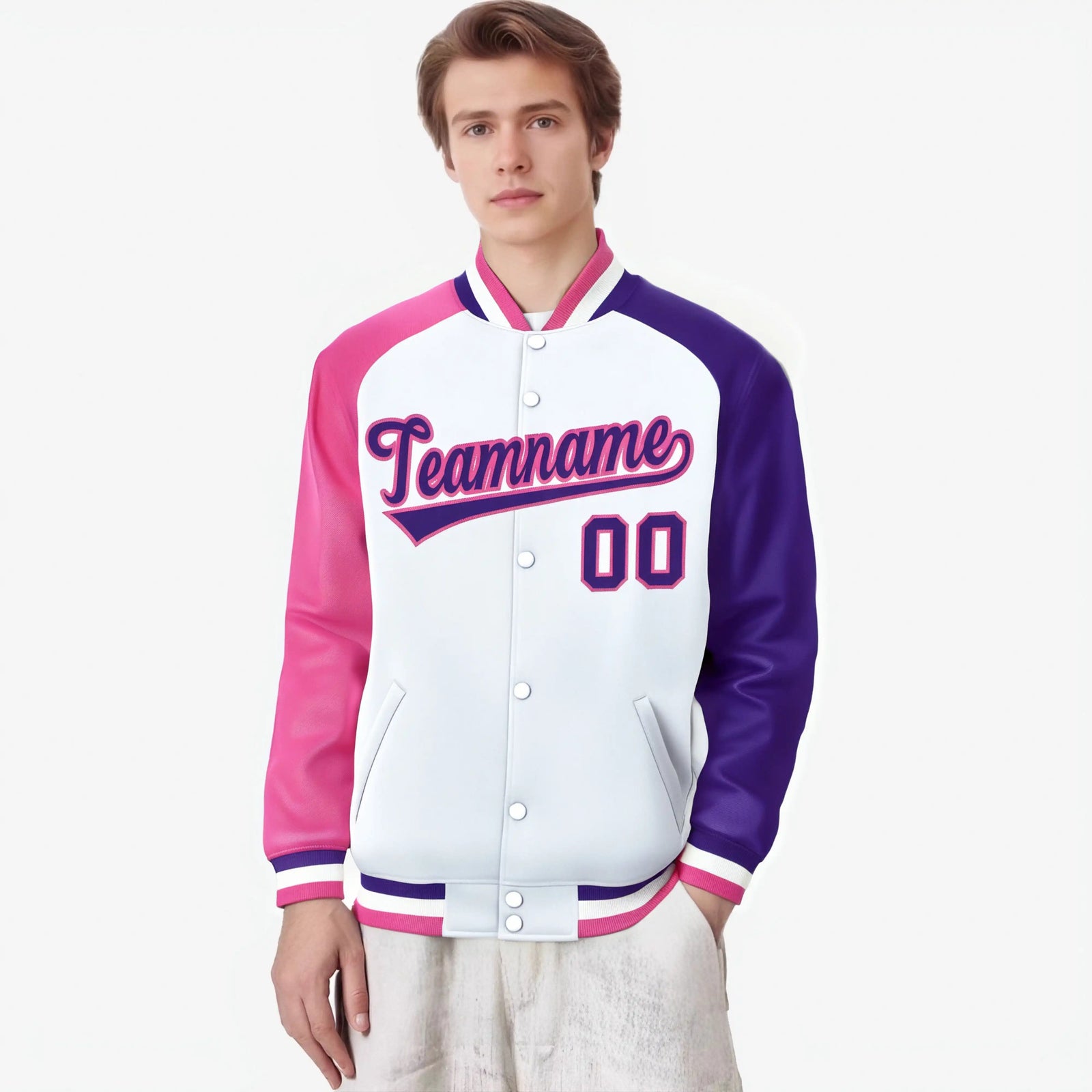 Custom White Purple-Pink Raglan Sleeves Varsity Full-Snap Letterman Jacket