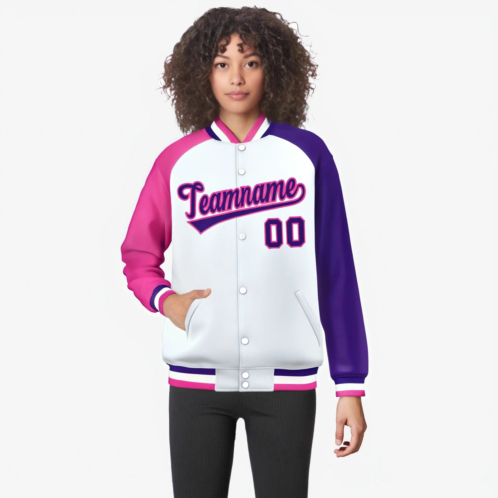 Custom White Purple-Pink Raglan Sleeves Varsity Full-Snap Letterman Jacket