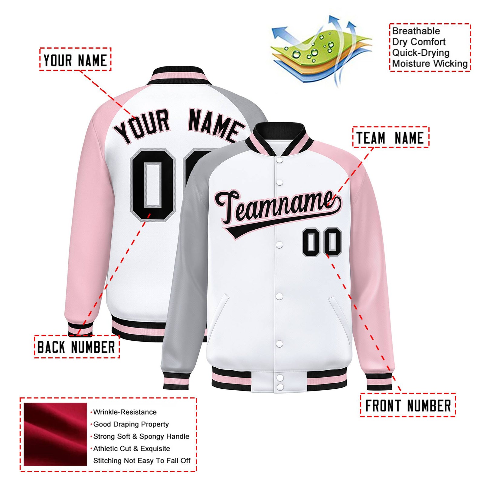 Custom White Pink-Gray Raglan Sleeves Varsity Full-Snap Letterman Jacket