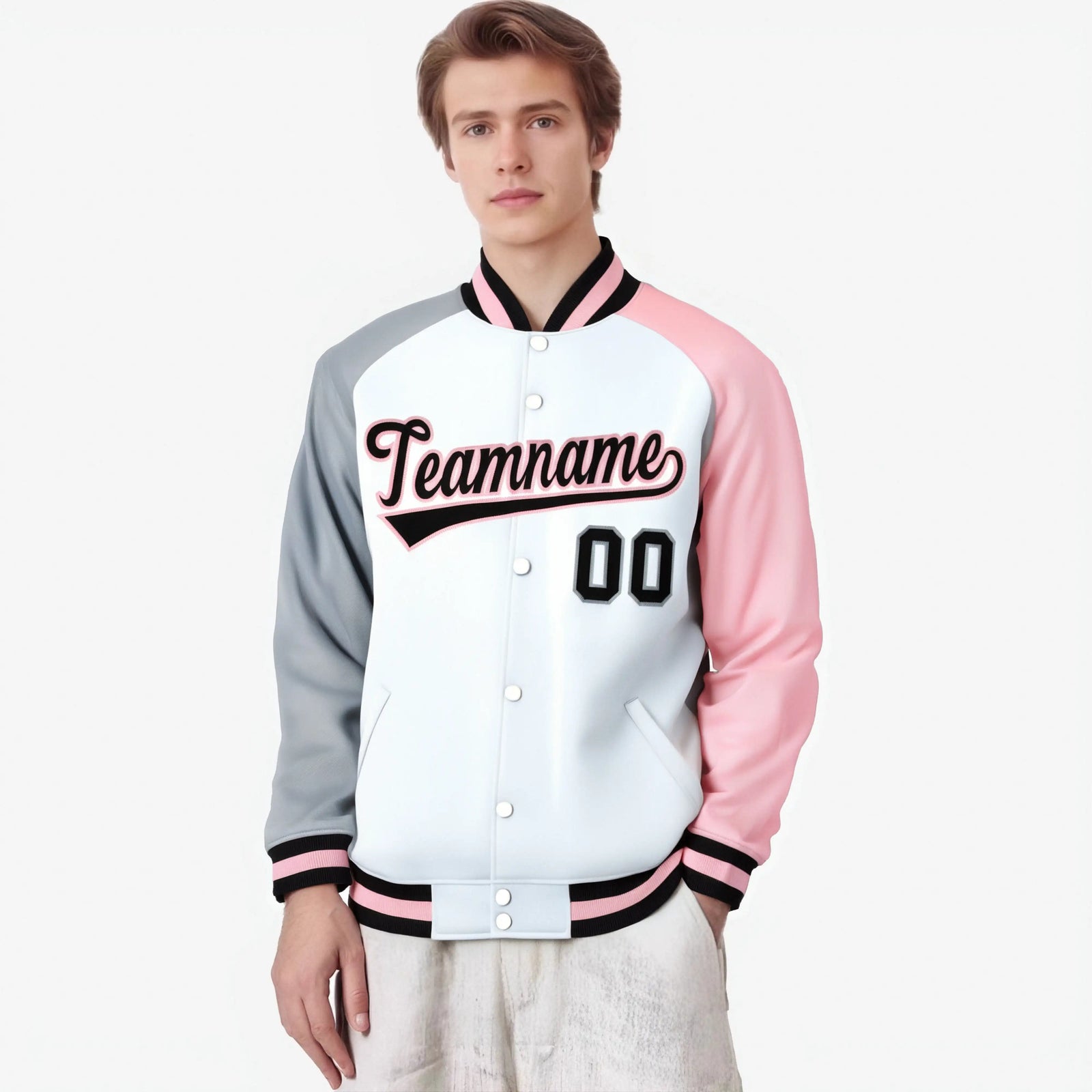Custom White Pink-Gray Raglan Sleeves Varsity Full-Snap Letterman Jacket