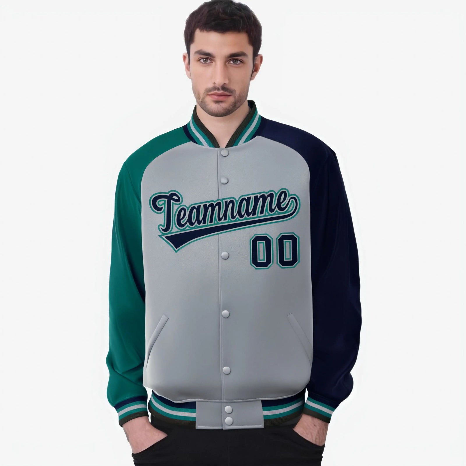Custom Gray Navy-Aqua Raglan Sleeves Varsity Full-Snap Letterman Jacket