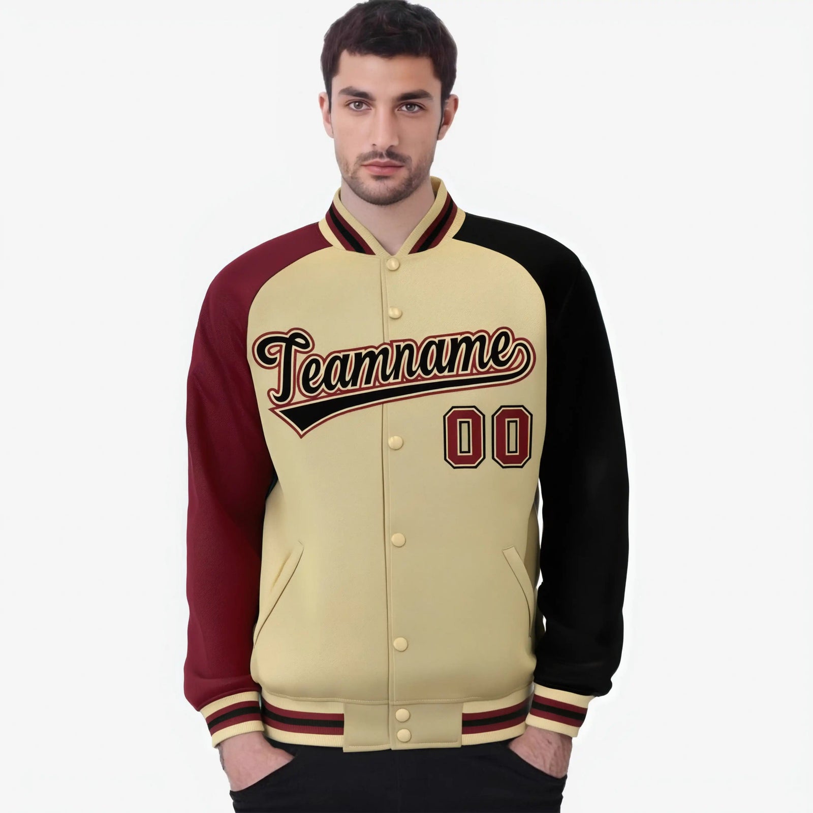 Custom Cream Navy-Crimson Raglan Sleeves Varsity Full-Snap Letterman Jacket