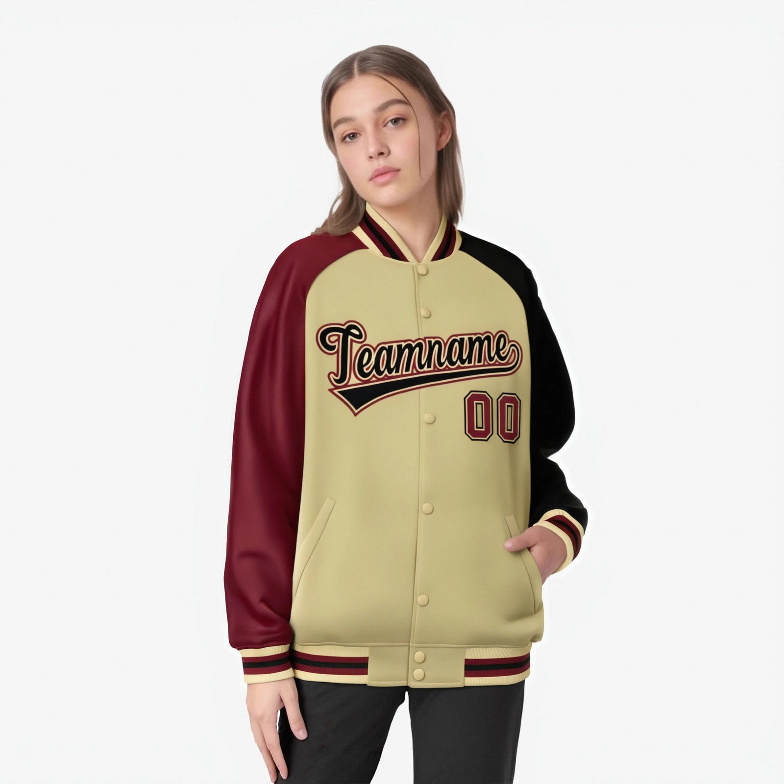 Custom Cream Navy-Crimson Raglan Sleeves Varsity Full-Snap Letterman Jacket