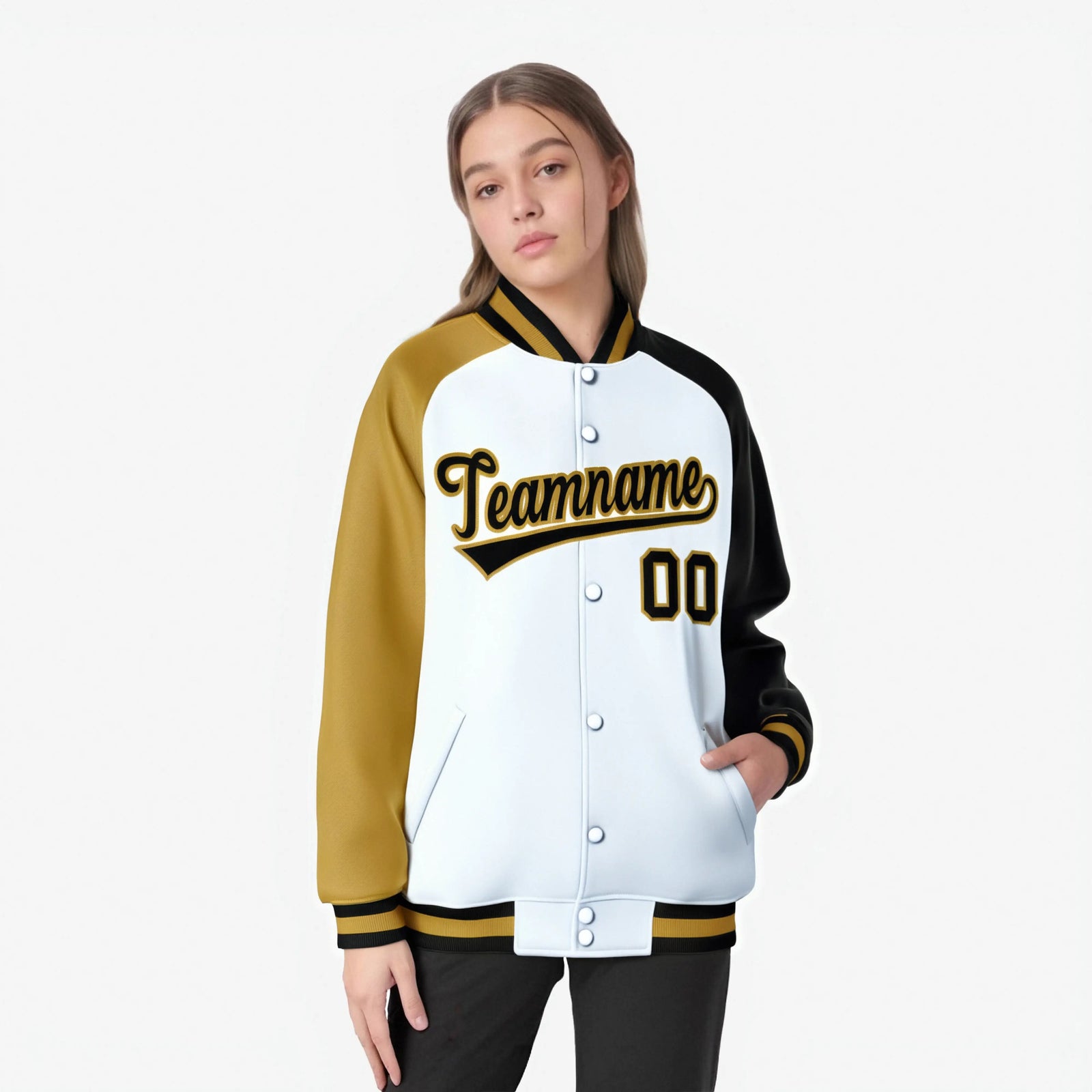 Custom White Black-Old Gold Raglan Sleeves Varsity Full-Snap Letterman Jacket