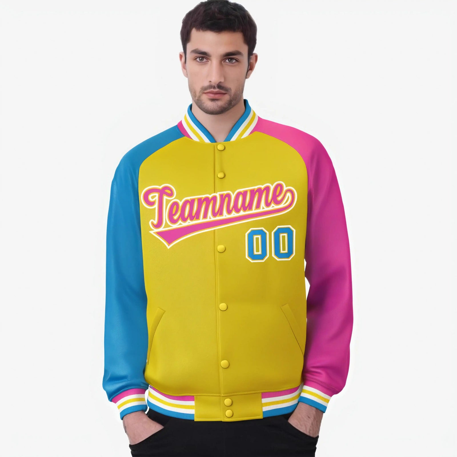 Custom Gold Pink-Powder Blue Raglan Sleeves Varsity Full-Snap Letterman Jacket