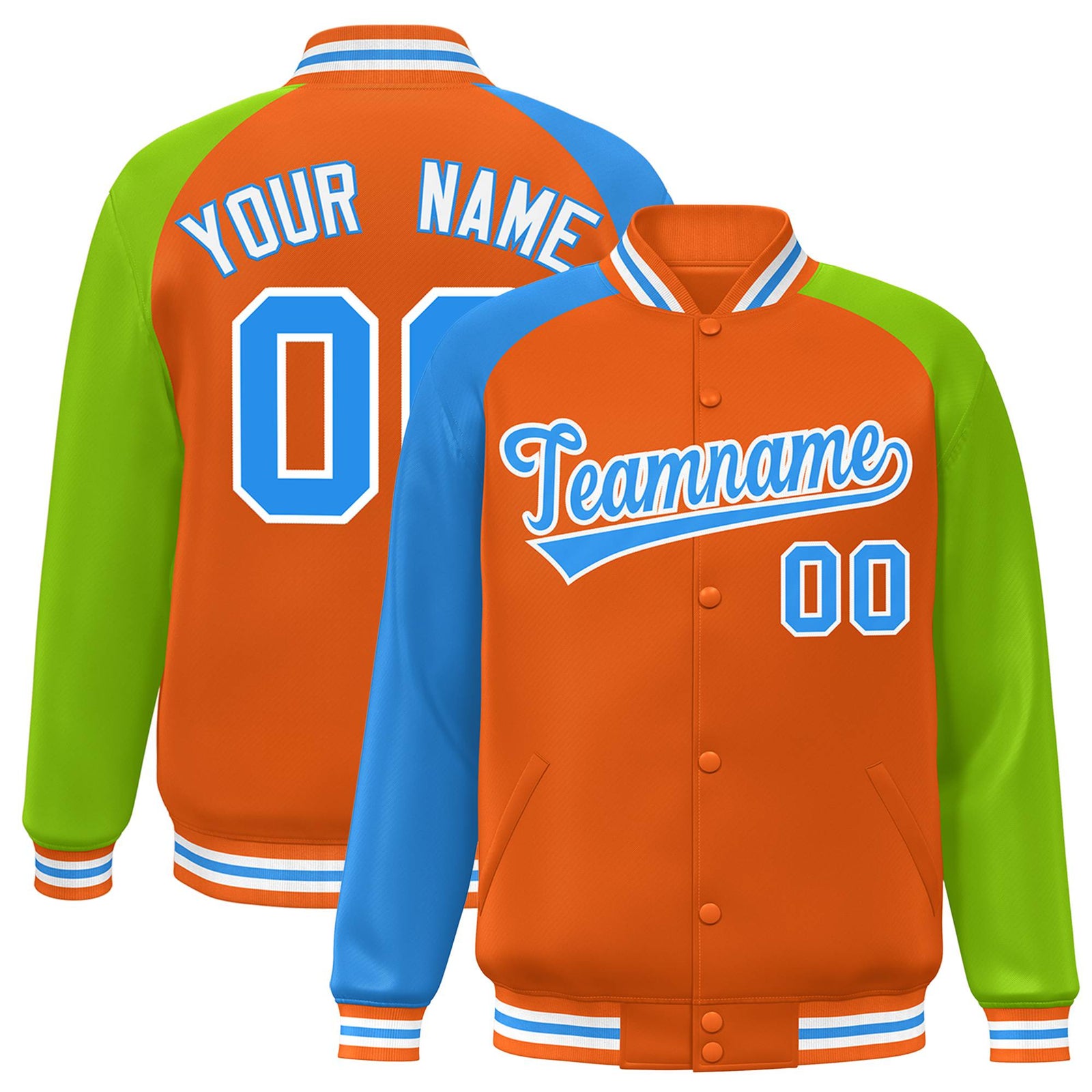 Custom Orange Neon Green-Powder Blue Raglan Sleeves Varsity Full-Snap Letterman Jacket