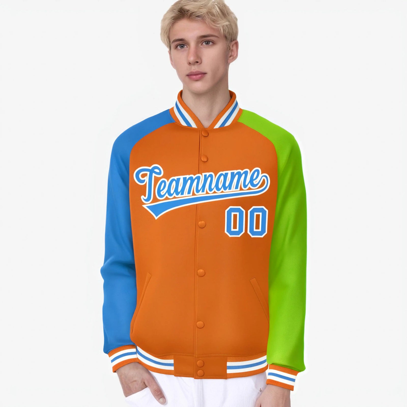 Custom Orange Neon Green-Powder Blue Raglan Sleeves Varsity Full-Snap Letterman Jacket