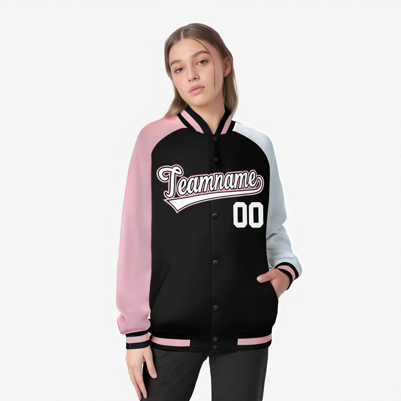 Custom Black White-Pink Raglan Sleeves Varsity Full-Snap Letterman Jacket