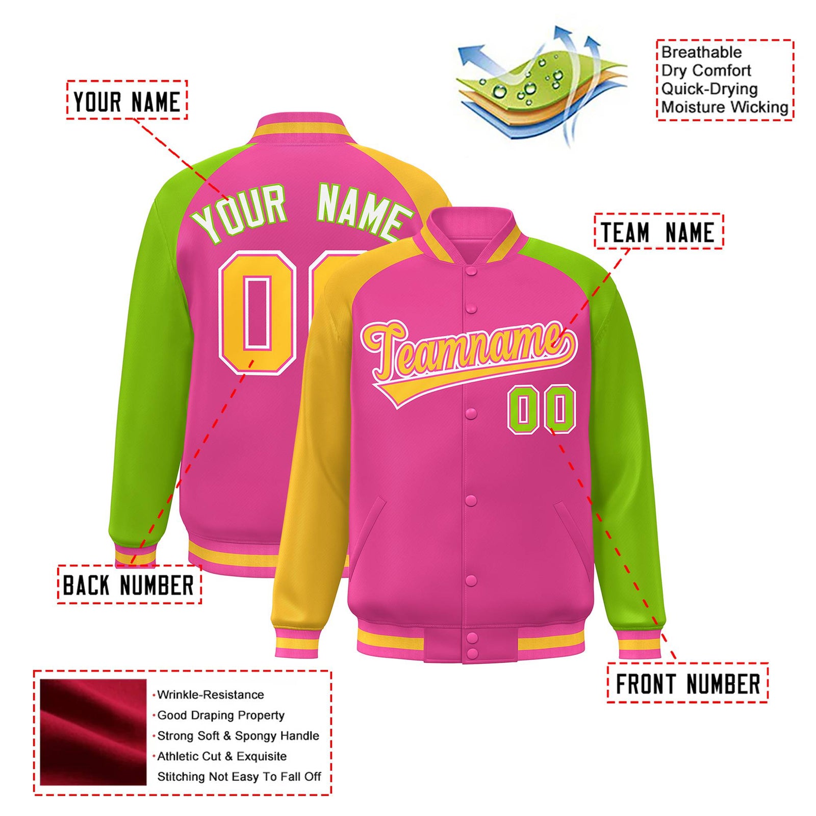 Custom Pink Neon Green-Gold Raglan Sleeves Varsity Full-Snap Letterman Jacket