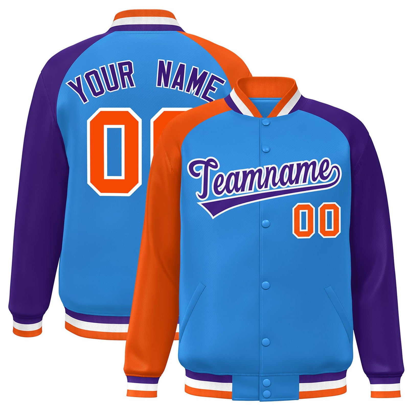 Custom Powder Blue Purple-Orange Raglan Sleeves Varsity Full-Snap Letterman Jacket